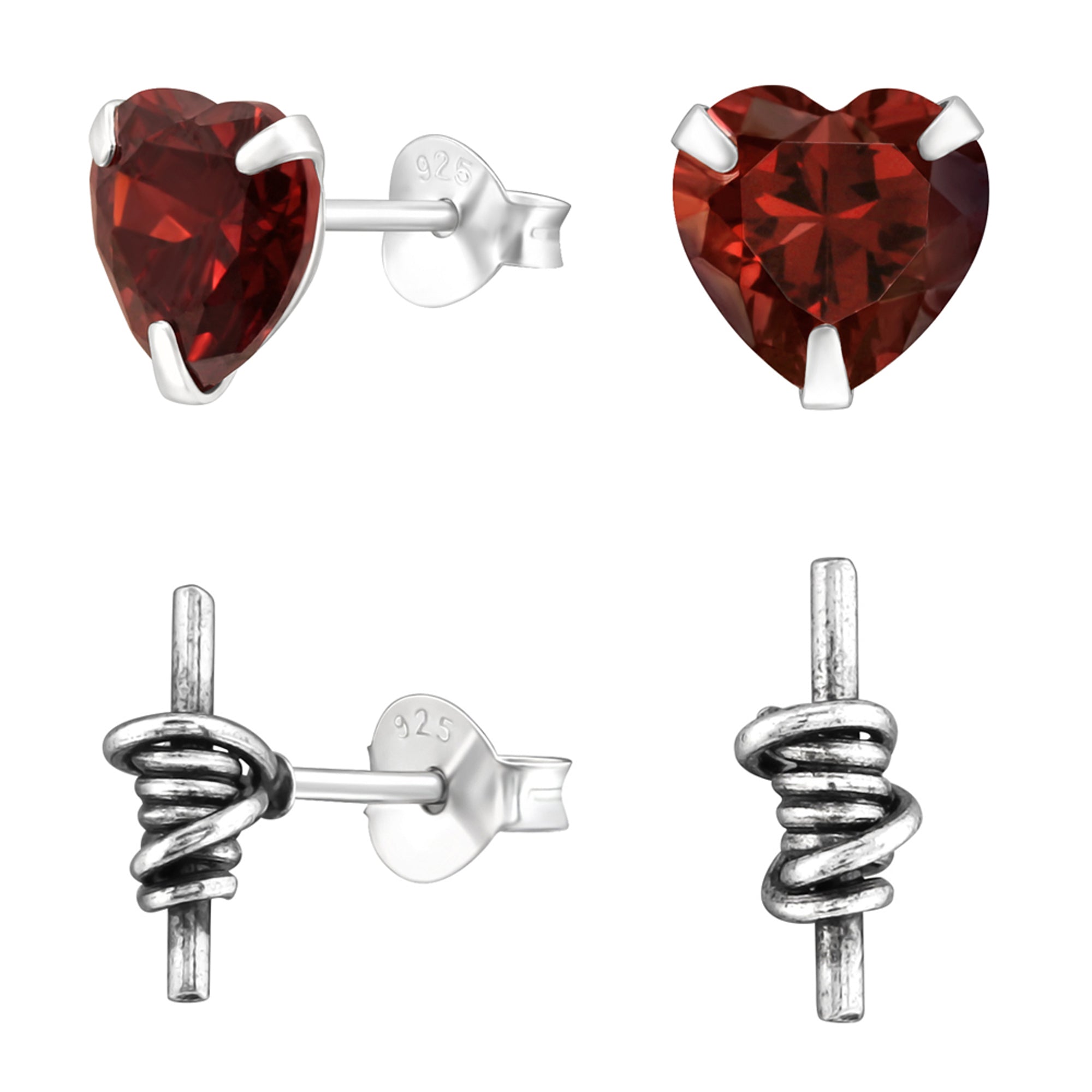 db DEADBEAT 925 Silver Blood Red CZ Heart Ear Stud & Oxidised Barbed Wire Ear Stud Gift Pack