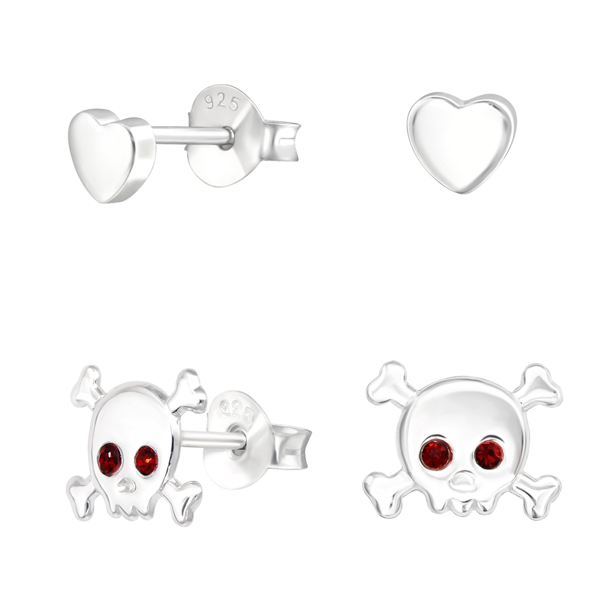 db DEADBEAT 925 Recycled Silver Rock Solid Heart Ear Stud & Red Crystal Eyed Skull & Crossbones Ear Stud Pack