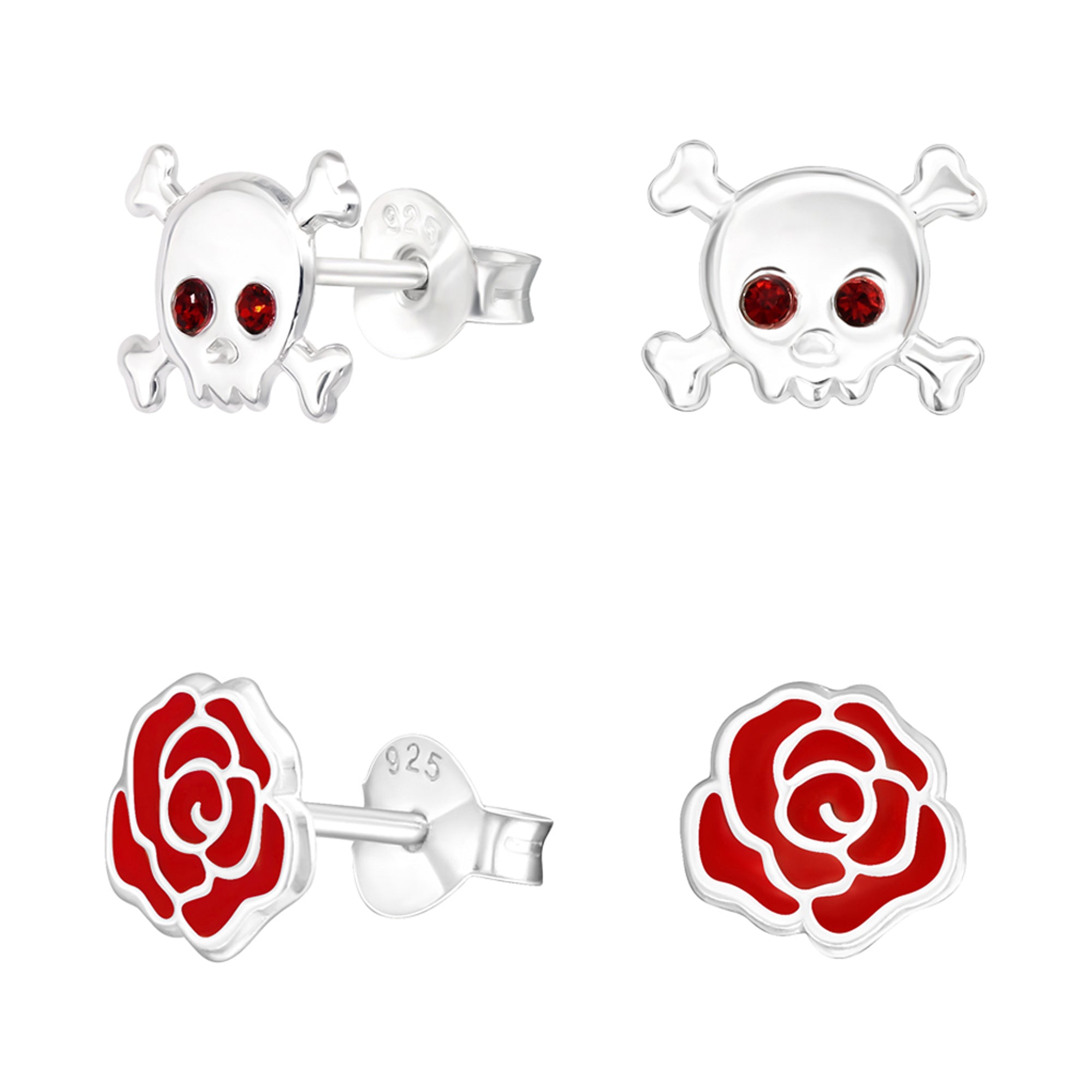 db DEADBEAT 925 Recycled Silver Red Crystal Skull & Crossbones Ear Stud & Tattoo Rose Ear Stud Gift Pack