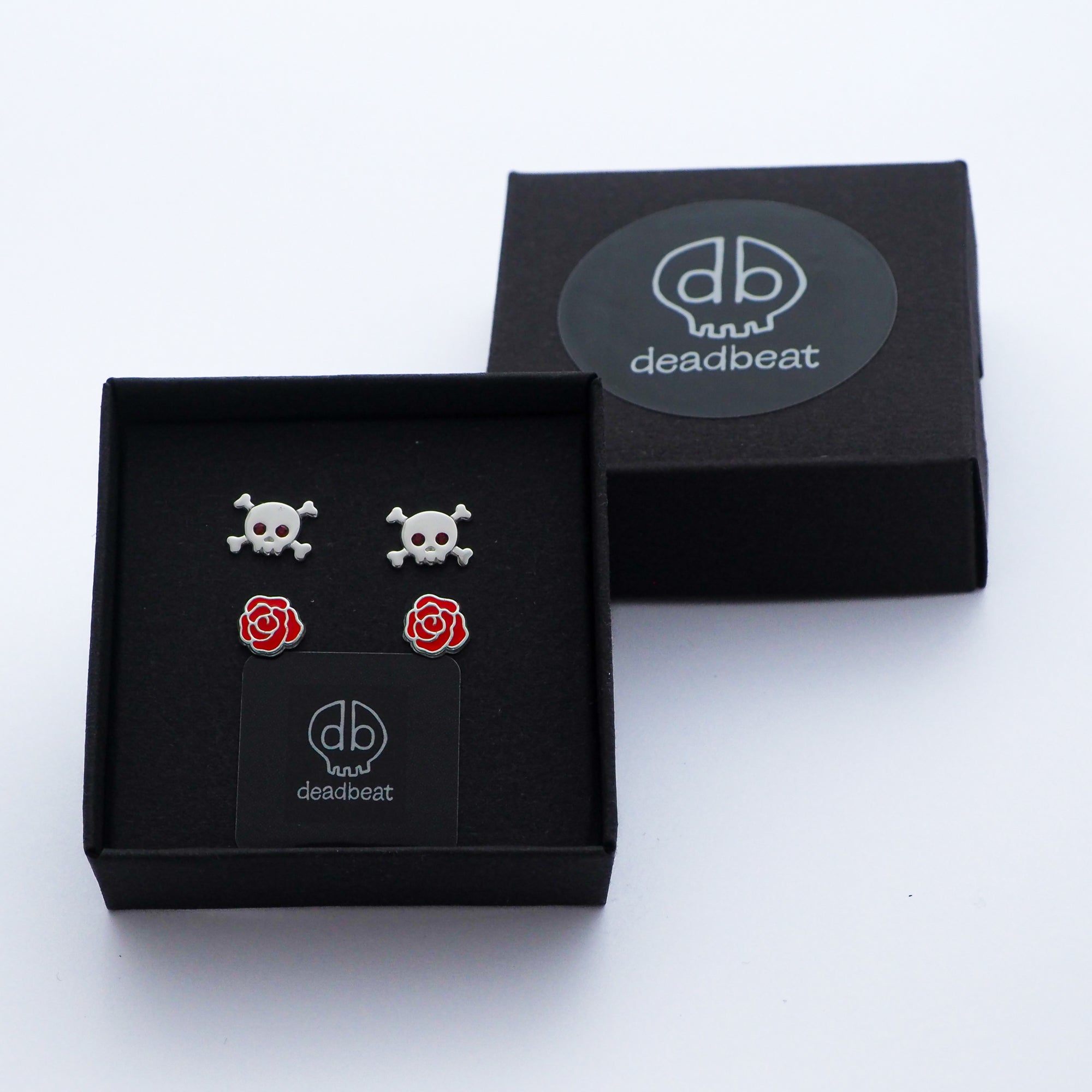 db DEADBEAT 925 Recycled Silver Red Crystal Skull & Crossbones Ear Stud & Tattoo Rose Ear Stud Gift Pack