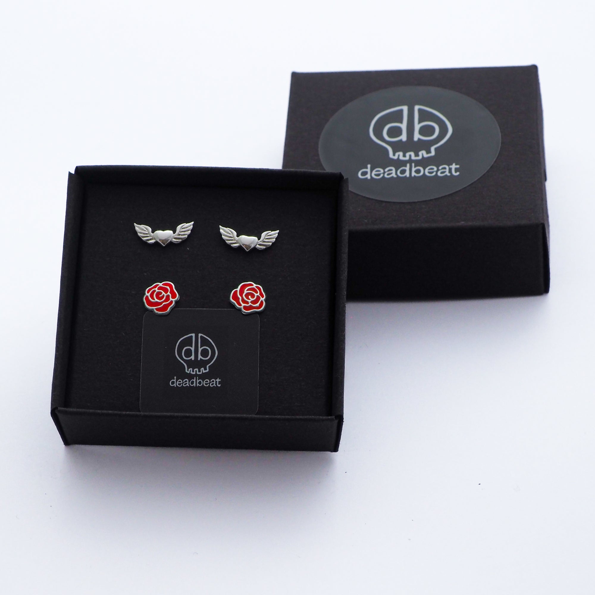 db DEADBEAT 925 Recycled Silver Winged Heart Ear Stud & Tattoo Rose Ear Stud Gift Pack