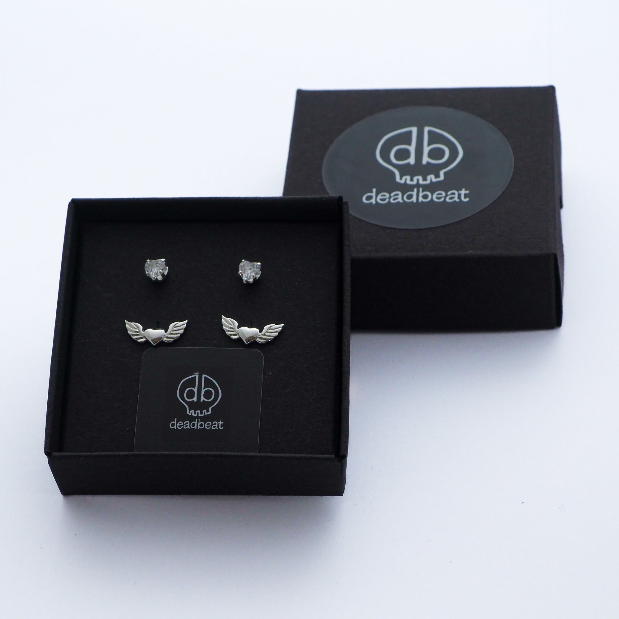 db DEADBEAT 925 Sterling Silver CZ Heart Ear Stud & Winged Heart Ear Stud Gift Pack