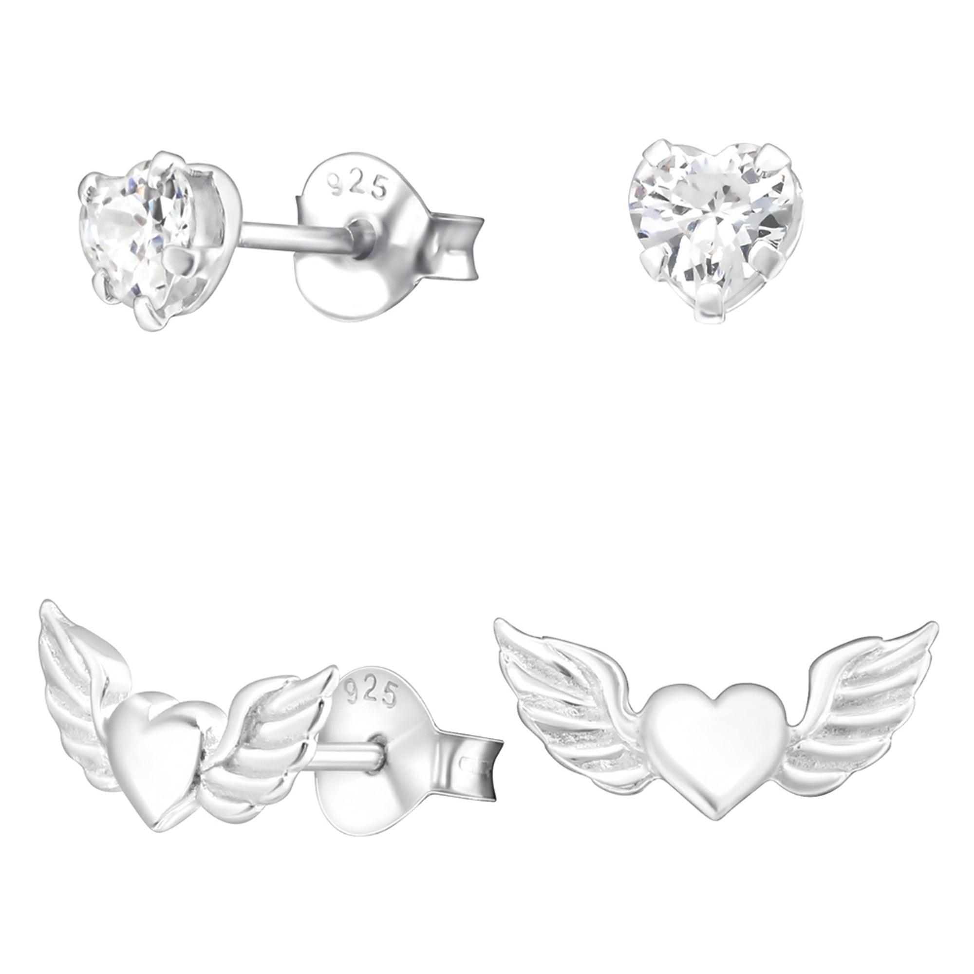 db DEADBEAT 925 Sterling Silver CZ Heart Ear Stud & Winged Heart Ear Stud Gift Pack