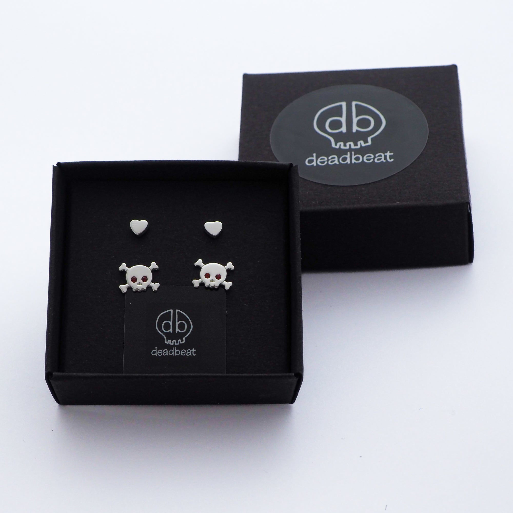 db DEADBEAT 925 Recycled Silver Rock Solid Heart Ear Stud & Red Crystal Eyed Skull & Crossbones Ear Stud Pack