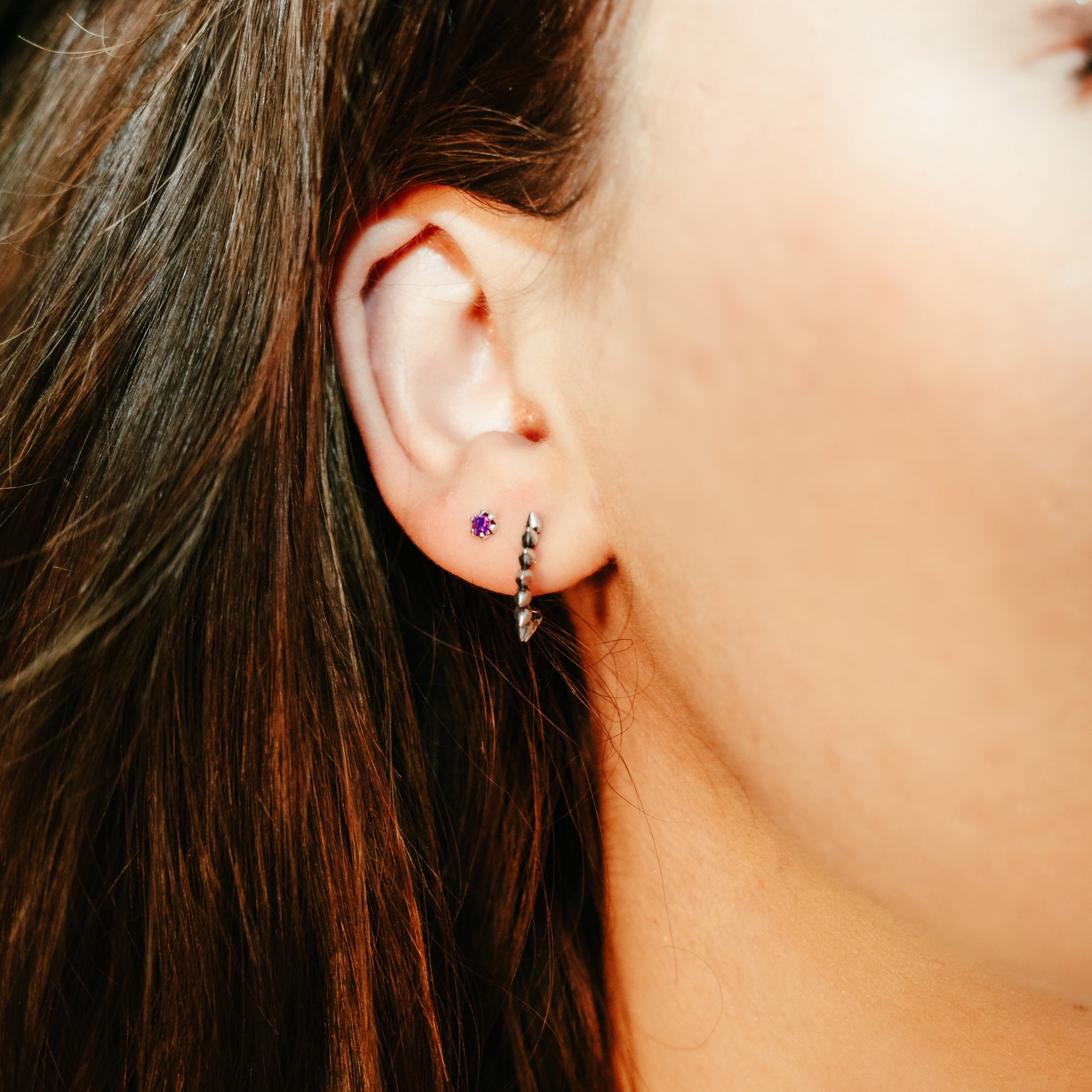 DEADBEAT Rock-Solid 925 Silver Amethyst Coloured CZ Ear Studs & Oxidised Spiked Hoop Ear Stud Gift Pack