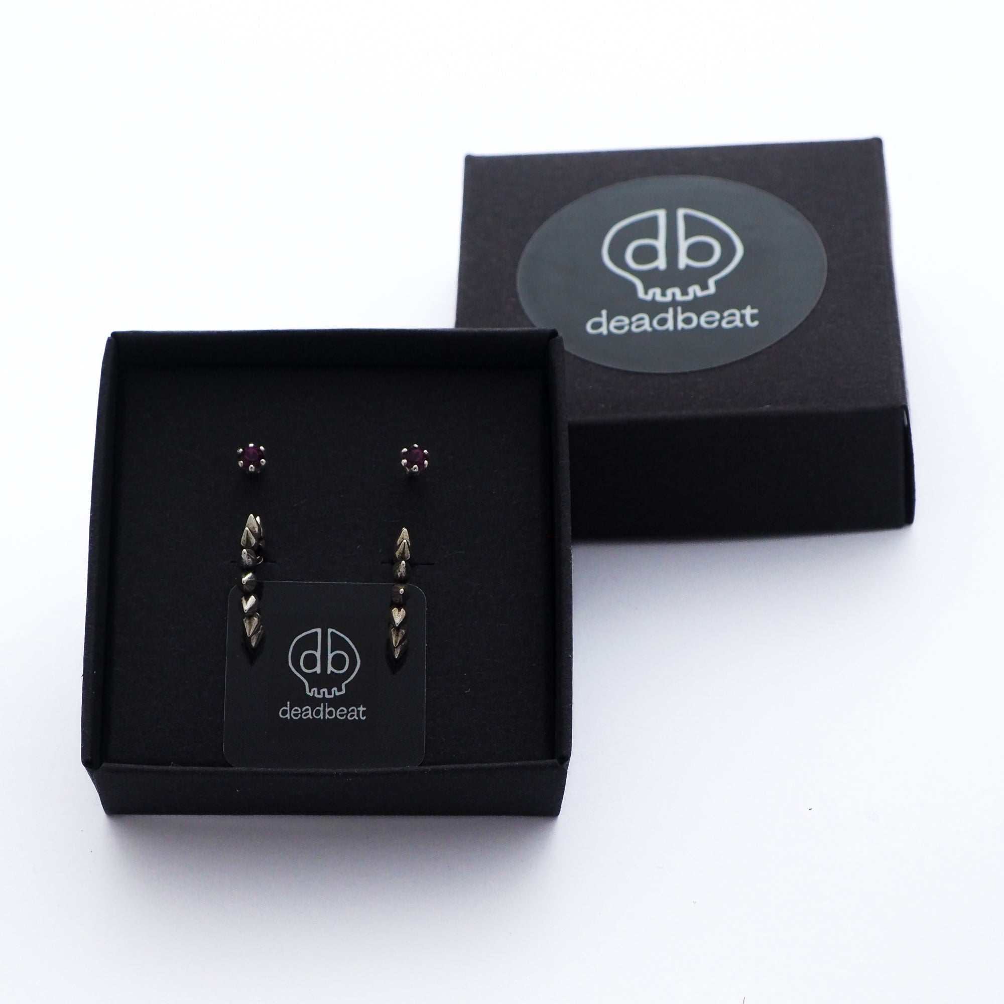 DEADBEAT Rock-Solid 925 Silver Amethyst Coloured CZ Ear Studs & Oxidised Spiked Hoop Ear Stud Gift Pack