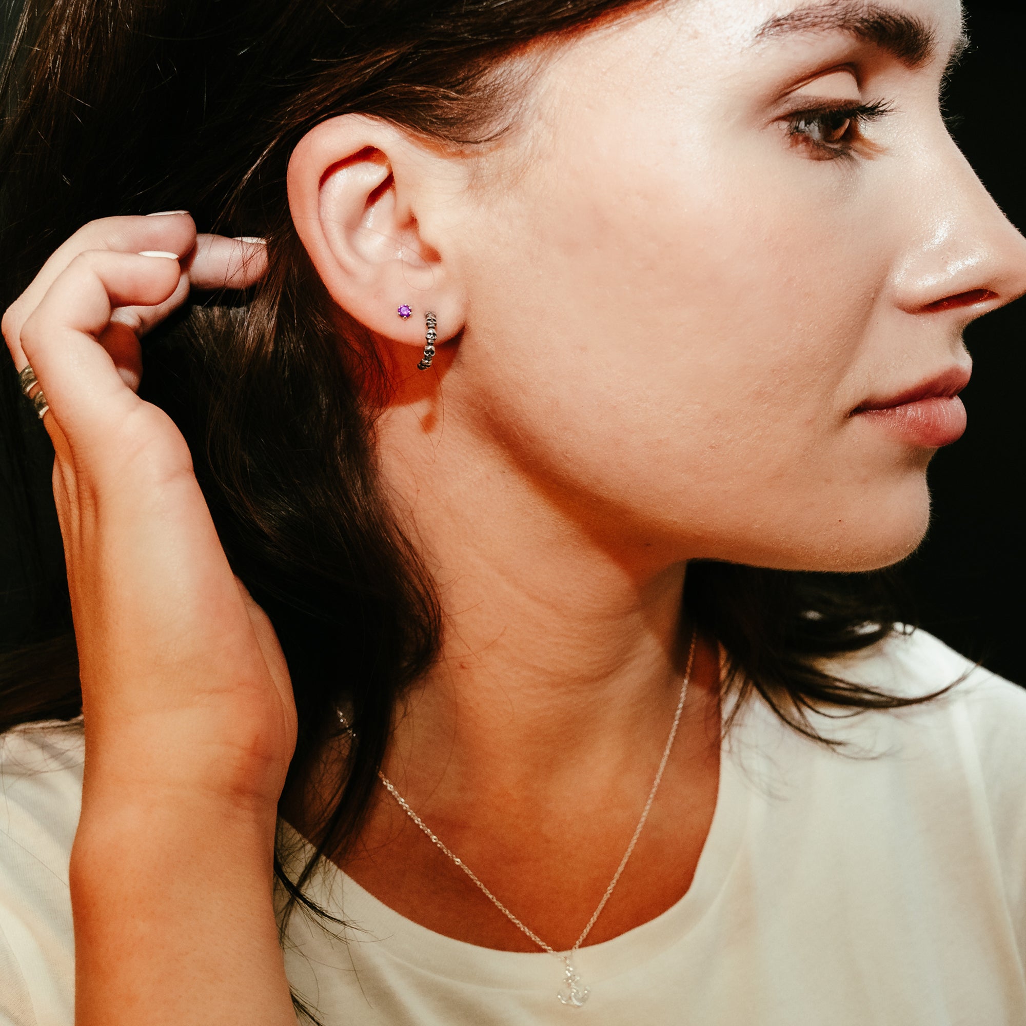 DEADBEAT Rock-Solid 925 Silver Amethyst Coloured CZ Ear Stud & Oxidised Skull Hoop Ear Stud Gift Pack