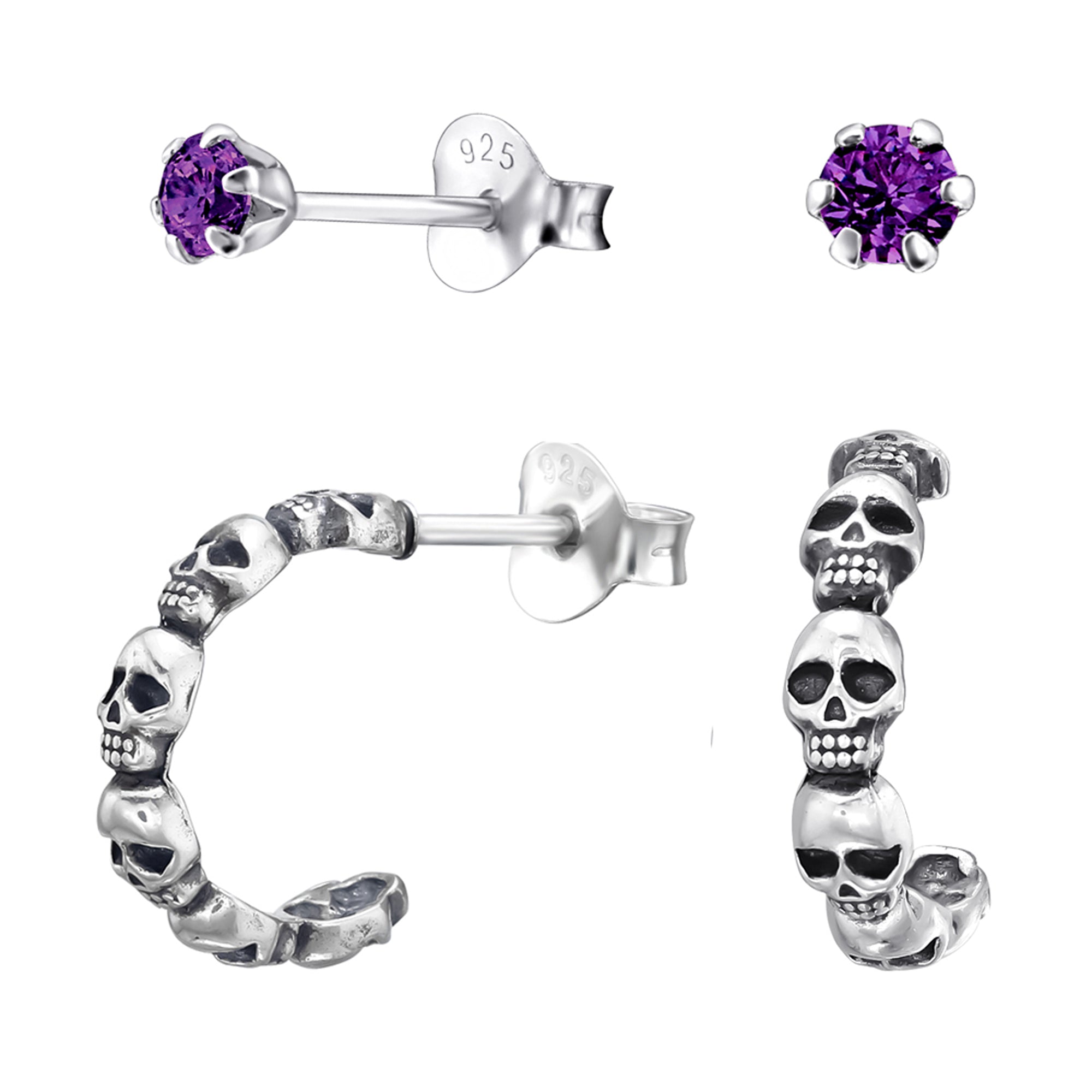 DEADBEAT Rock-Solid 925 Silver Amethyst Coloured CZ Ear Stud & Oxidised Skull Hoop Ear Stud Gift Pack