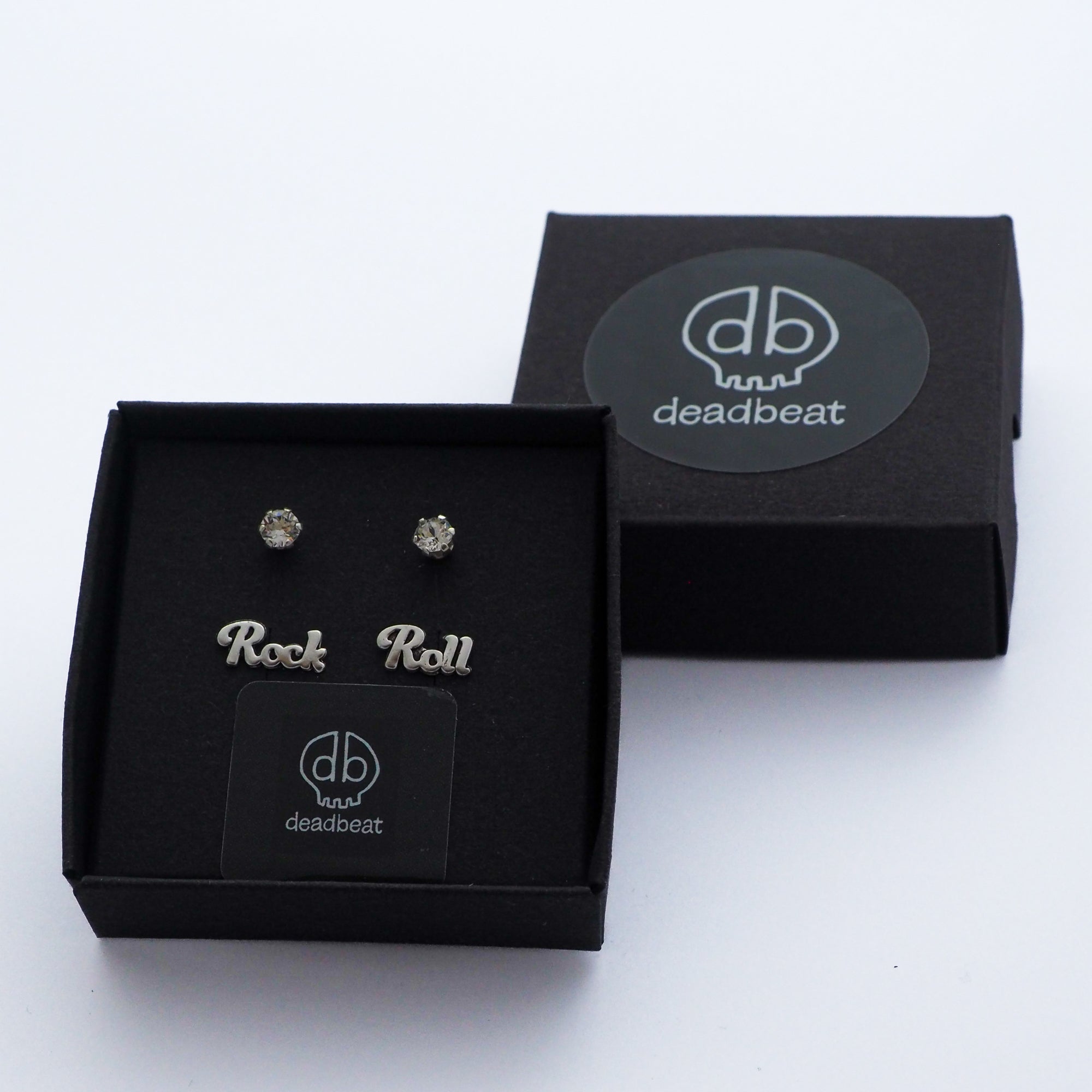 db DEADBEAT 925 Silver Clear Crystal Ear Stud & Oxidised Rock and Roll Ear Stud Gift Pack