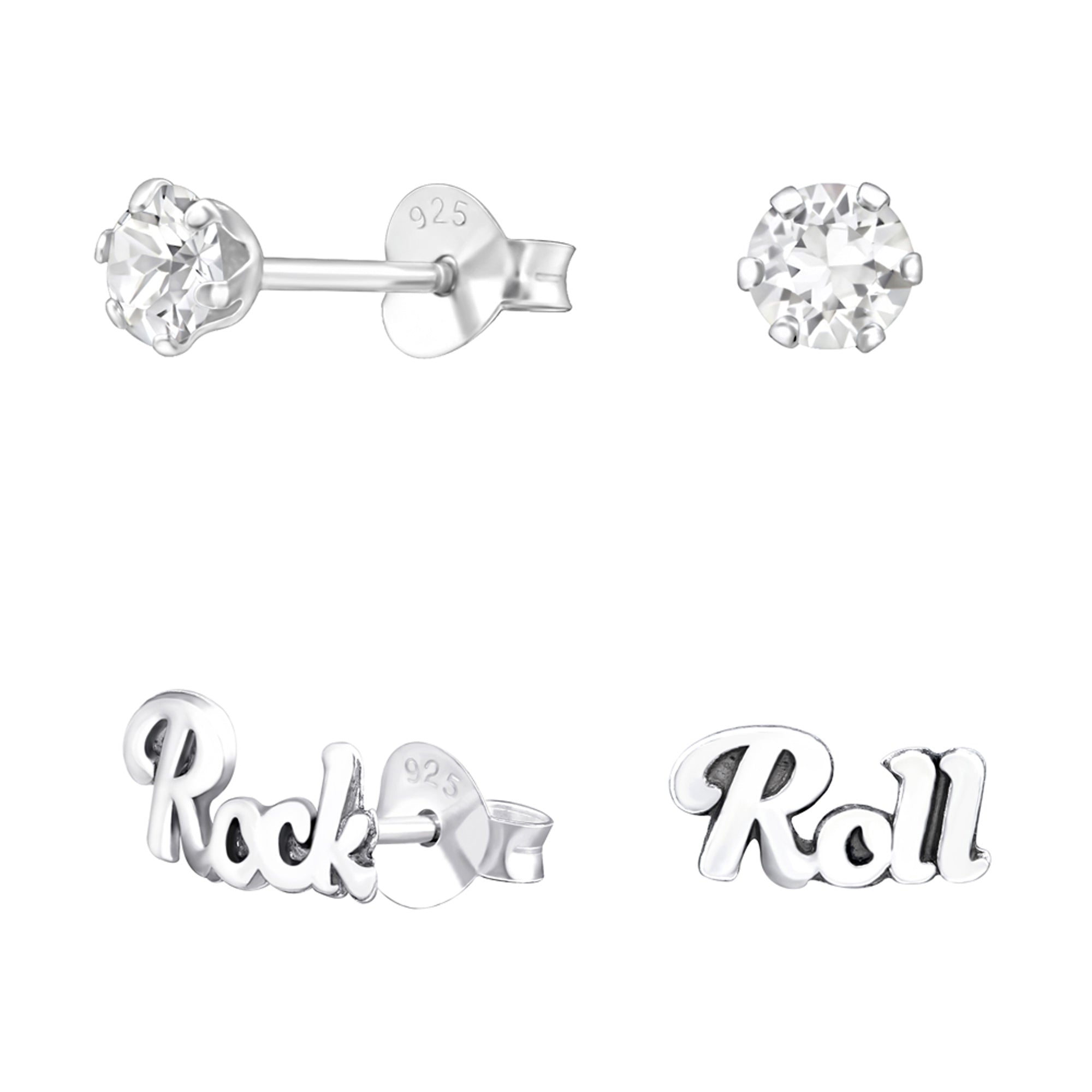 db DEADBEAT 925 Silver Clear Crystal Ear Stud & Oxidised Rock and Roll Ear Stud Gift Pack