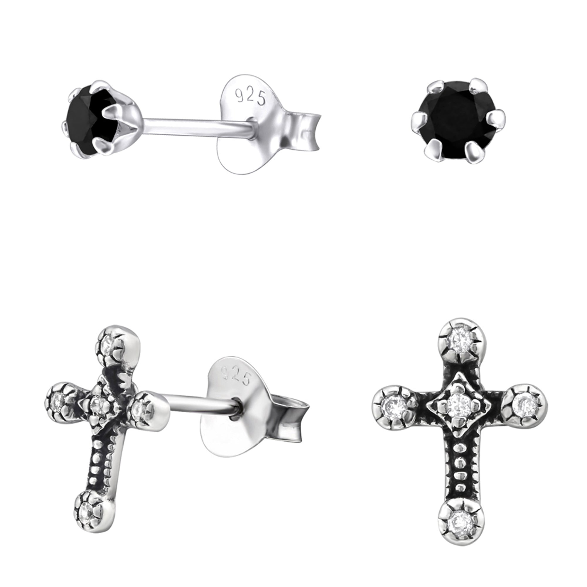 DEADBEAT Rock-Solid 925 Silver Black CZ Ear Stud & Oxidised CZ Gothic Cross Ear Stud Gift Pack