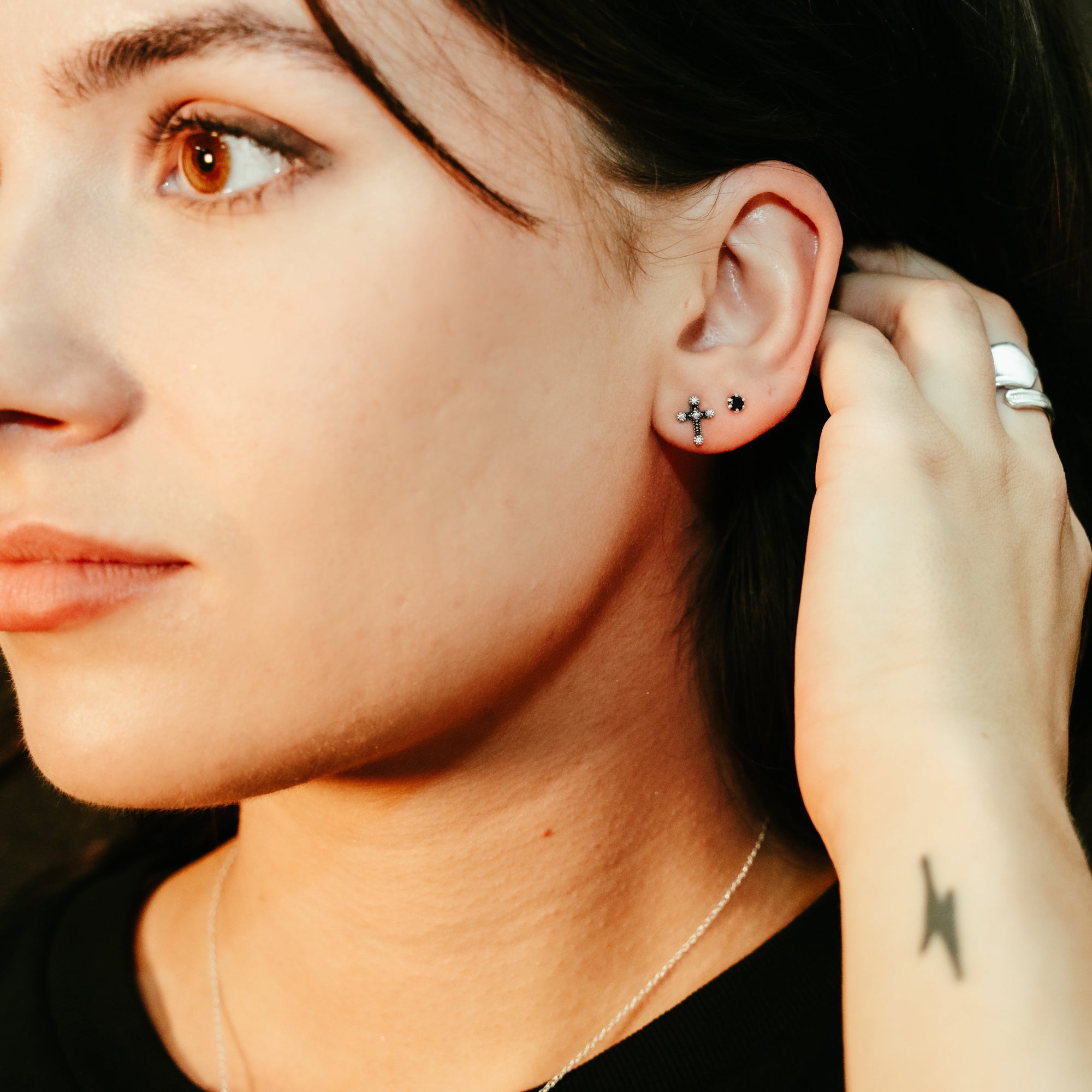 DEADBEAT Rock-Solid 925 Silver Black CZ Ear Stud & Oxidised CZ Gothic Cross Ear Stud Gift Pack