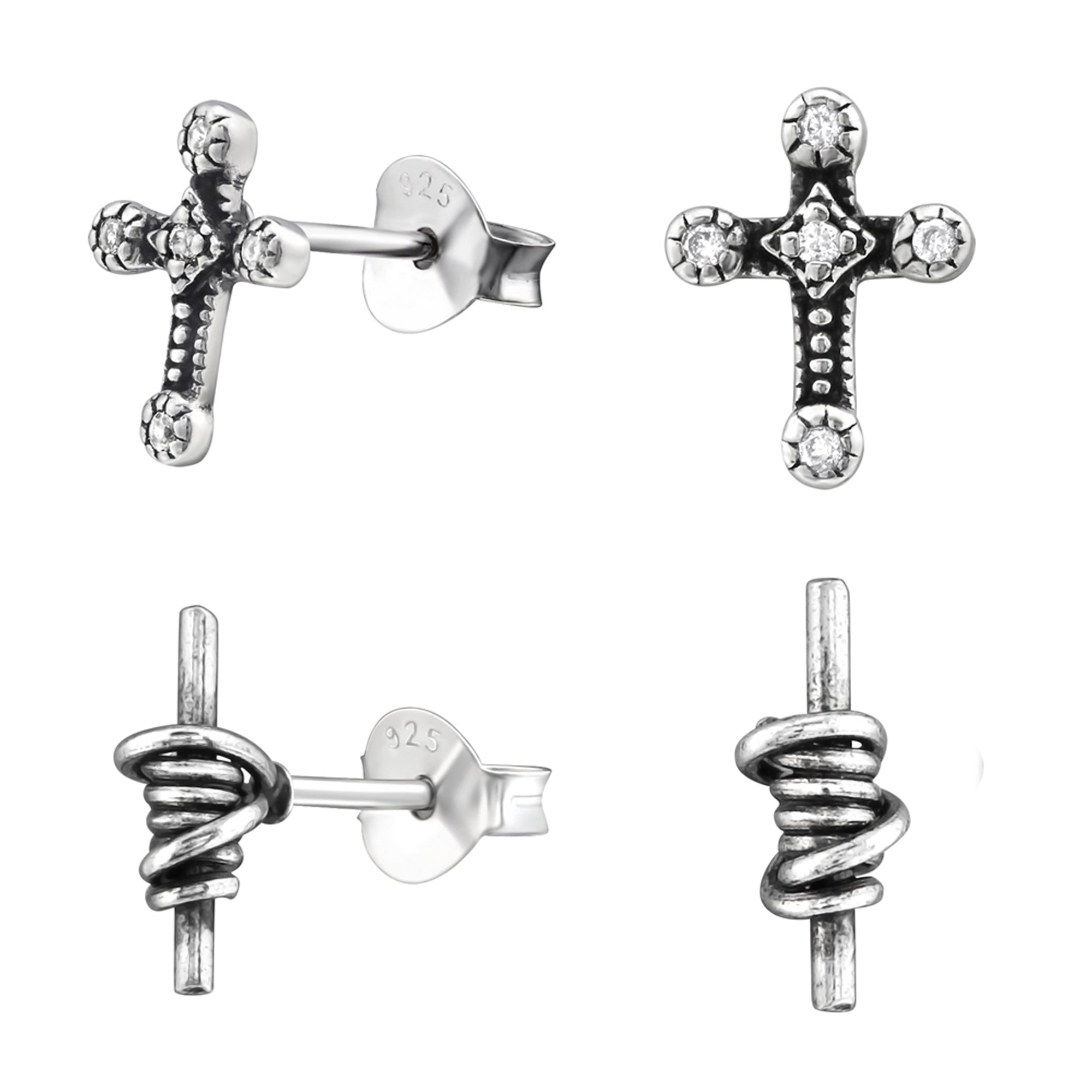 db DEADBEAT 925 Silver Oxidised Barbed Wire Ear Stud & Oxidised Clear Crystal Gothic Cross Ear Stud Gift Pack