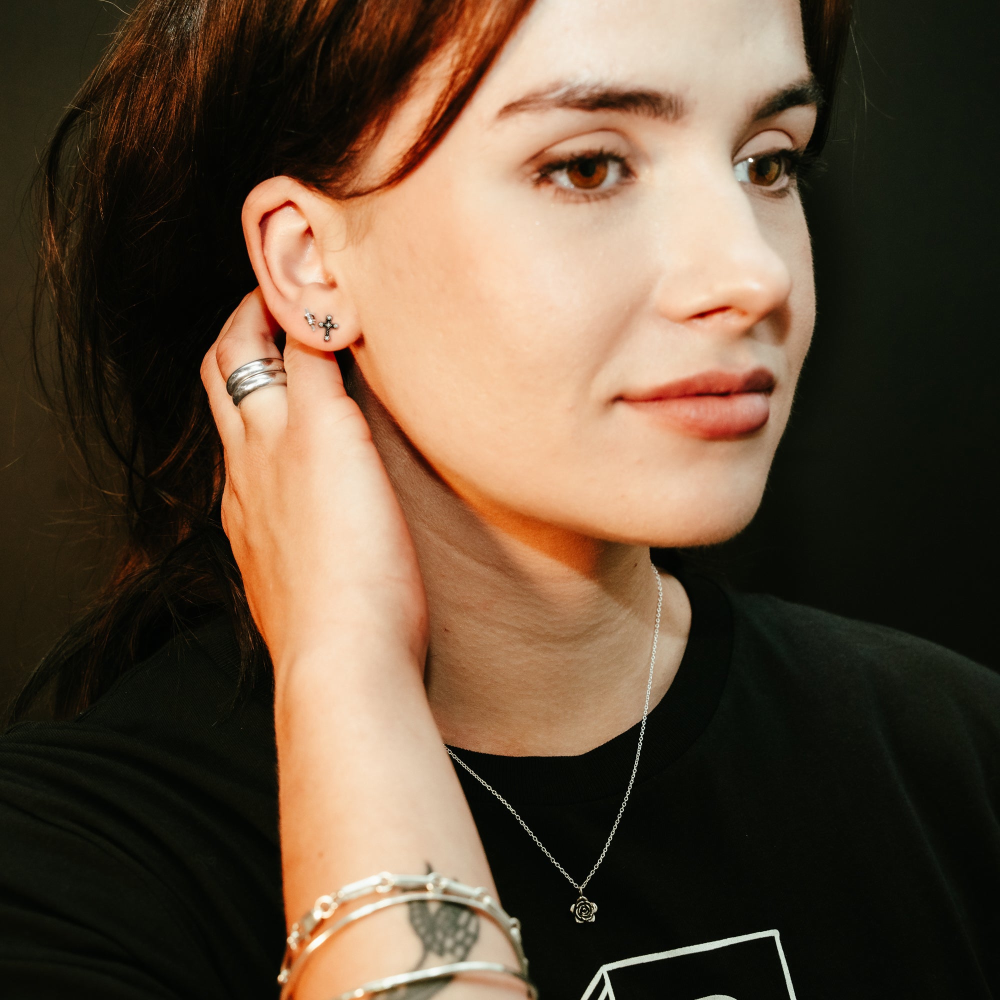 db DEADBEAT 925 Silver Oxidised Barbed Wire Ear Stud & Oxidised Clear Crystal Gothic Cross Ear Stud Gift Pack