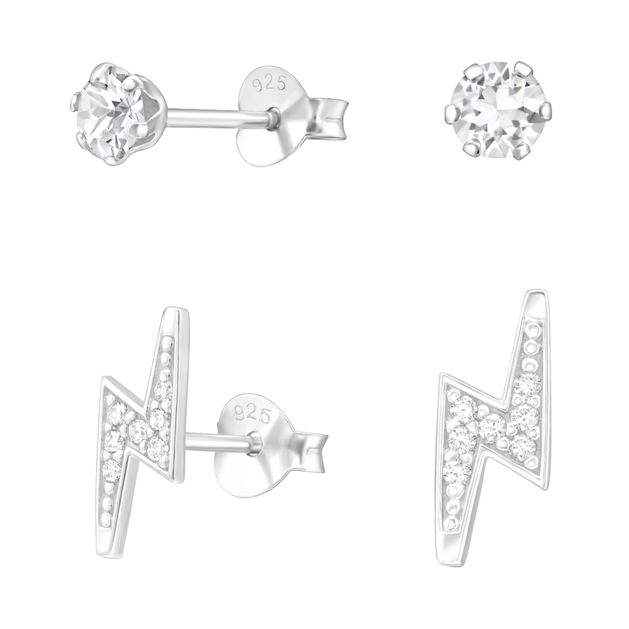 db DEADBEAT Solid 925 Silver Clear Crystal Ear Stud & Clear CZ Lightning Bolt Ear Stud Gift Pack
