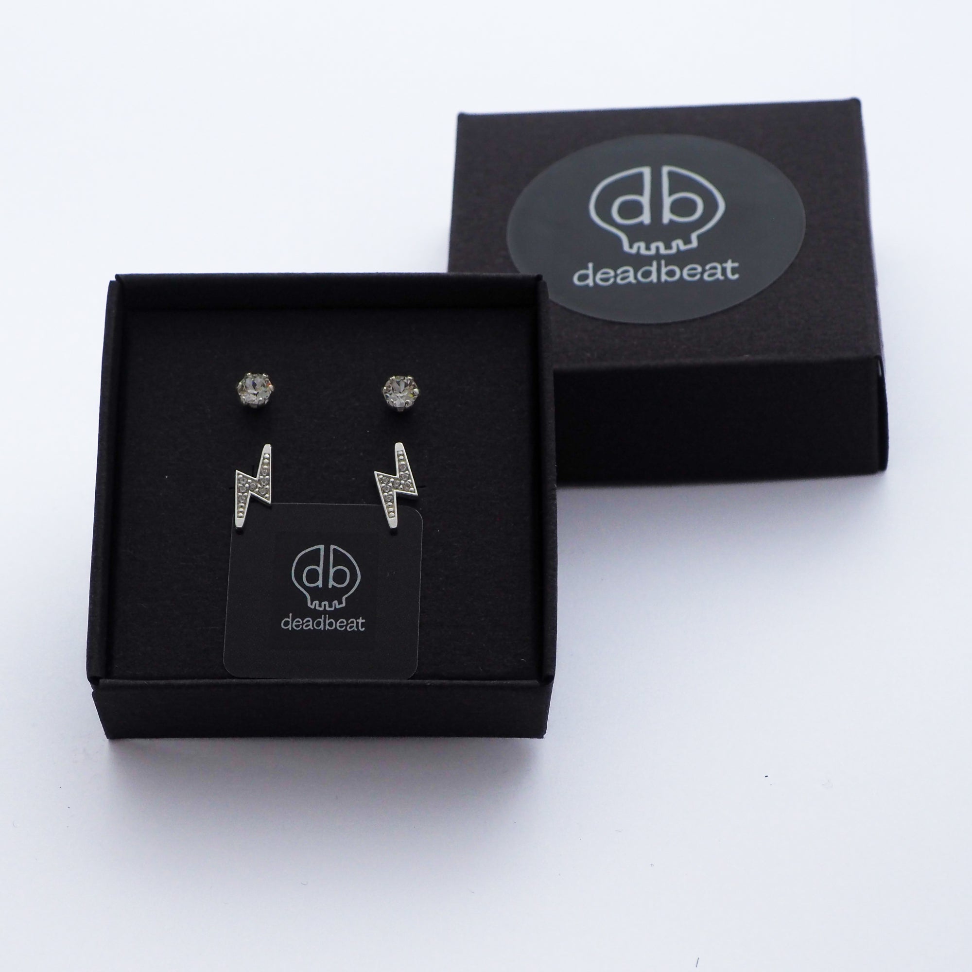 db DEADBEAT Solid 925 Silver Clear Crystal Ear Stud & Clear CZ Lightning Bolt Ear Stud Gift Pack