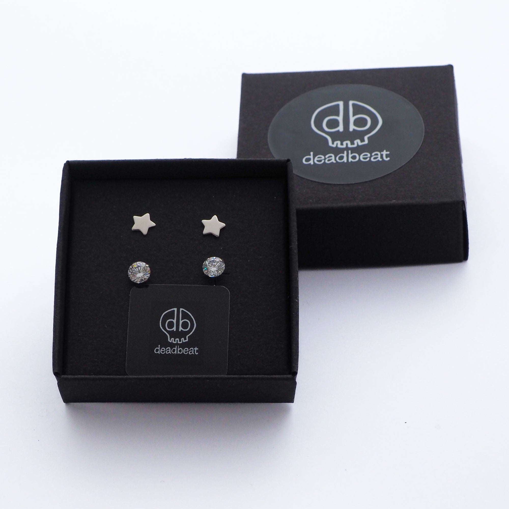 DEADBEAT Rock-Solid 925 Silver Platinum Plated Star Ear Stud & Platinum Plated Clear CZ Stone Ear Stud Gift Pack