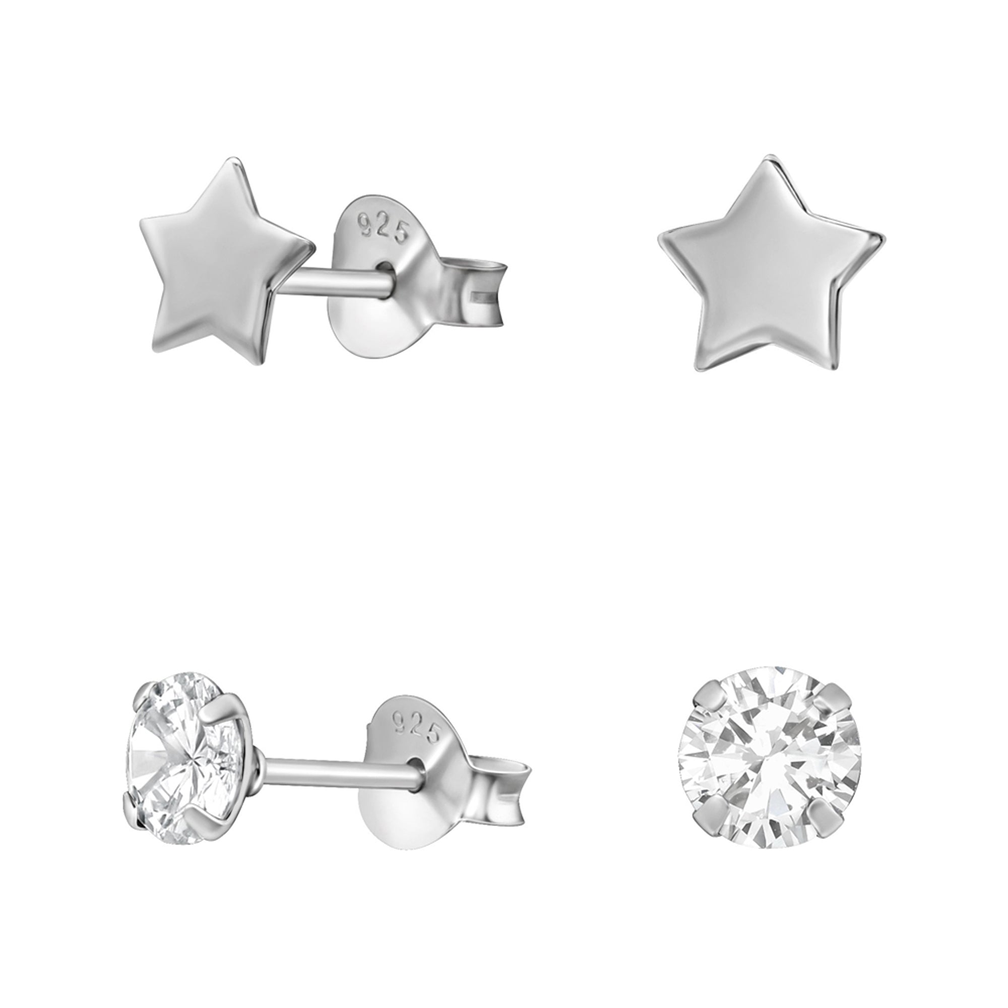 DEADBEAT Rock-Solid 925 Silver Platinum Plated Star Ear Stud & Platinum Plated Clear CZ Stone Ear Stud Gift Pack