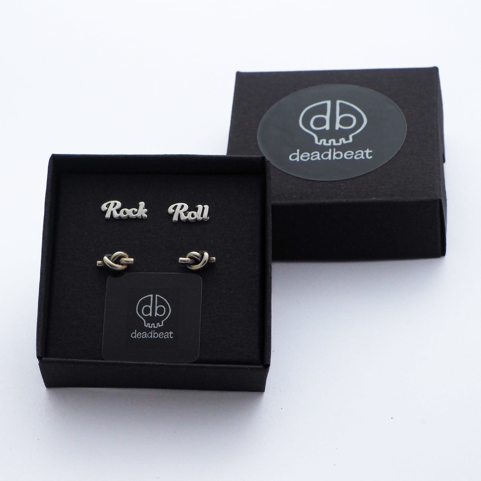 db DEADBEAT 925 Silver Oxidised Rock and Roll Ear Stud & Nautical Knot Ear Stud Gift Pack