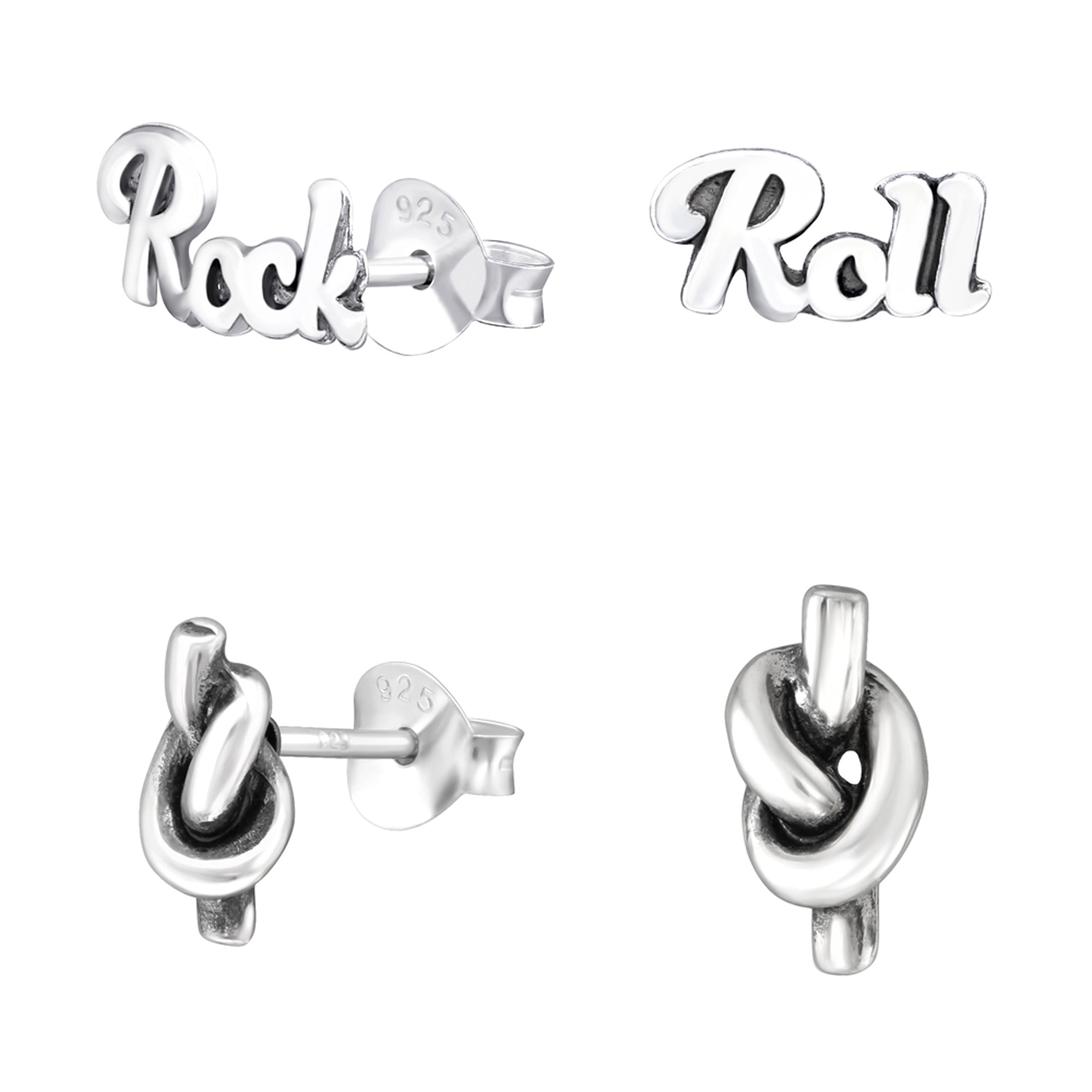 db DEADBEAT 925 Silver Oxidised Rock and Roll Ear Stud & Nautical Knot Ear Stud Gift Pack