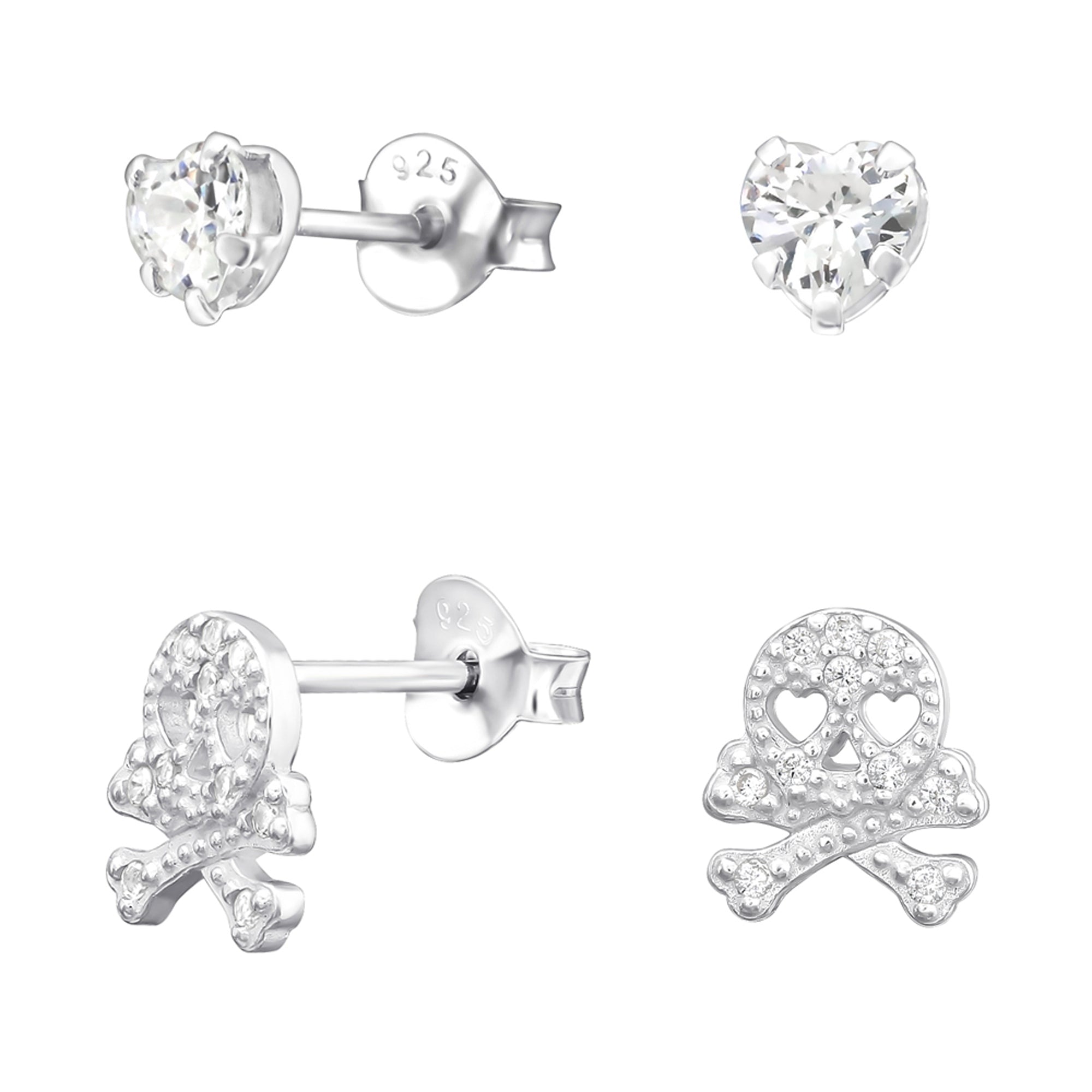 db DEADBEAT 925 Silver CZ Heart Ear Stud & CZ Skull & Crossbones Ear Stud Gift Pack