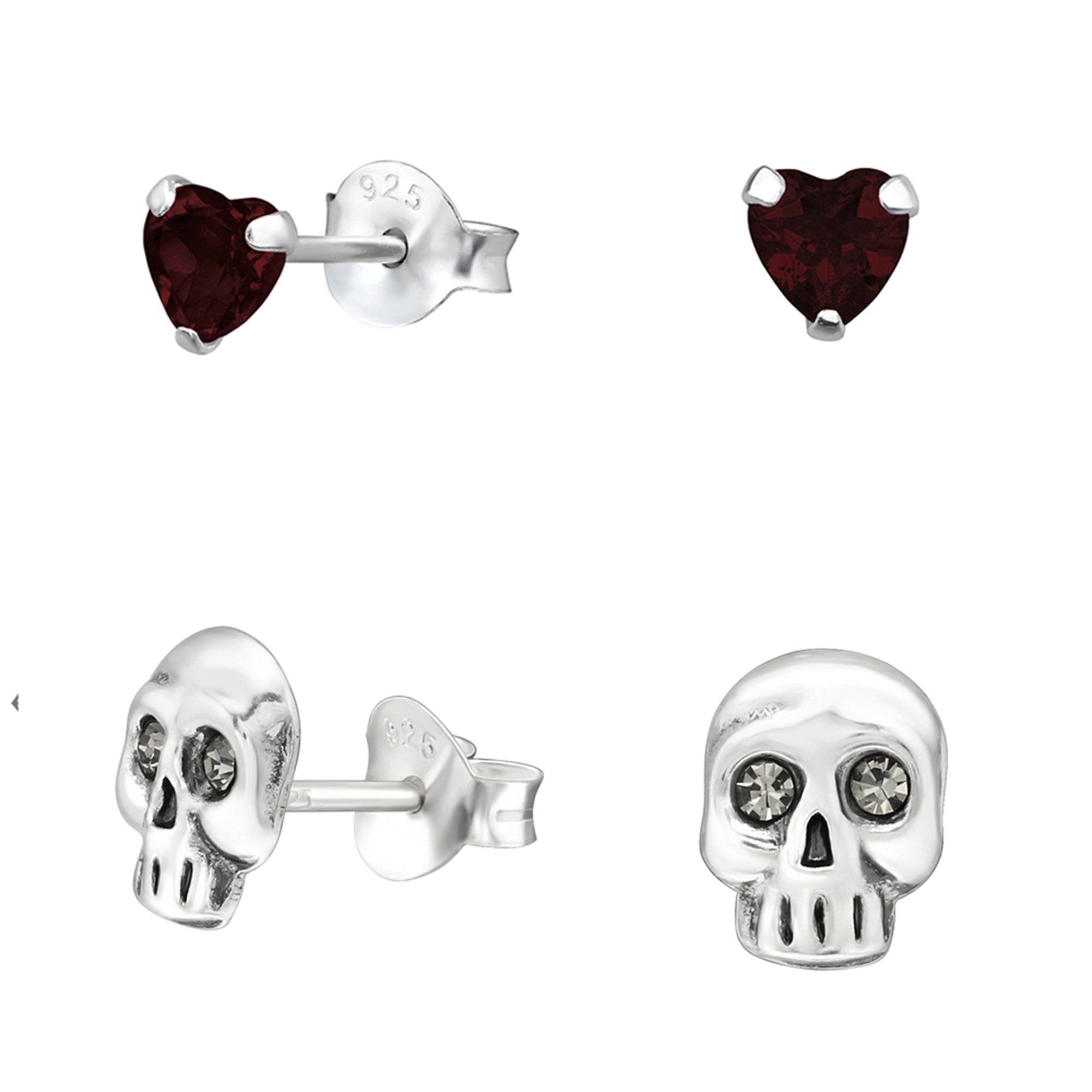 db DEADBEAT 925 Silver Genuine Garnet Heart Ear Stud & Oxidised Crystal Eyed Skull Ear Stud Gift Pack