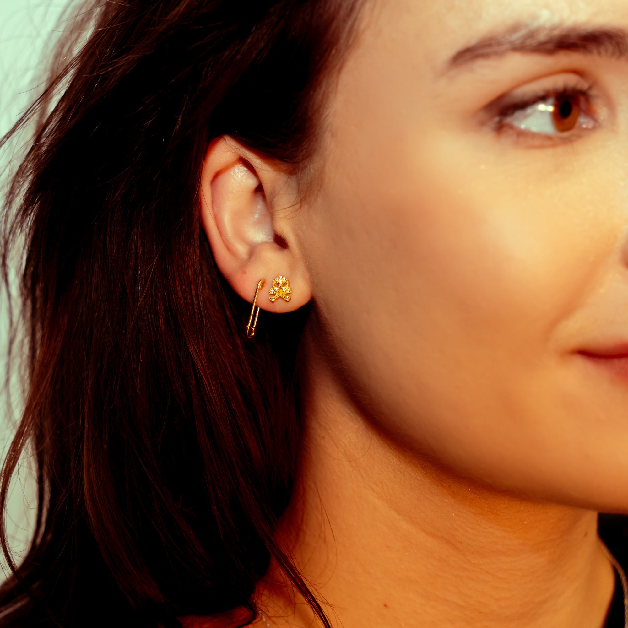 DEADBEAT Rock-Solid 925 Silver 24 ct Gold Plated Safety Pin Ear Stud, Single CZ Skull & Crossbones Ear Stud & Single CZ Double Ear Stud Gift Pack