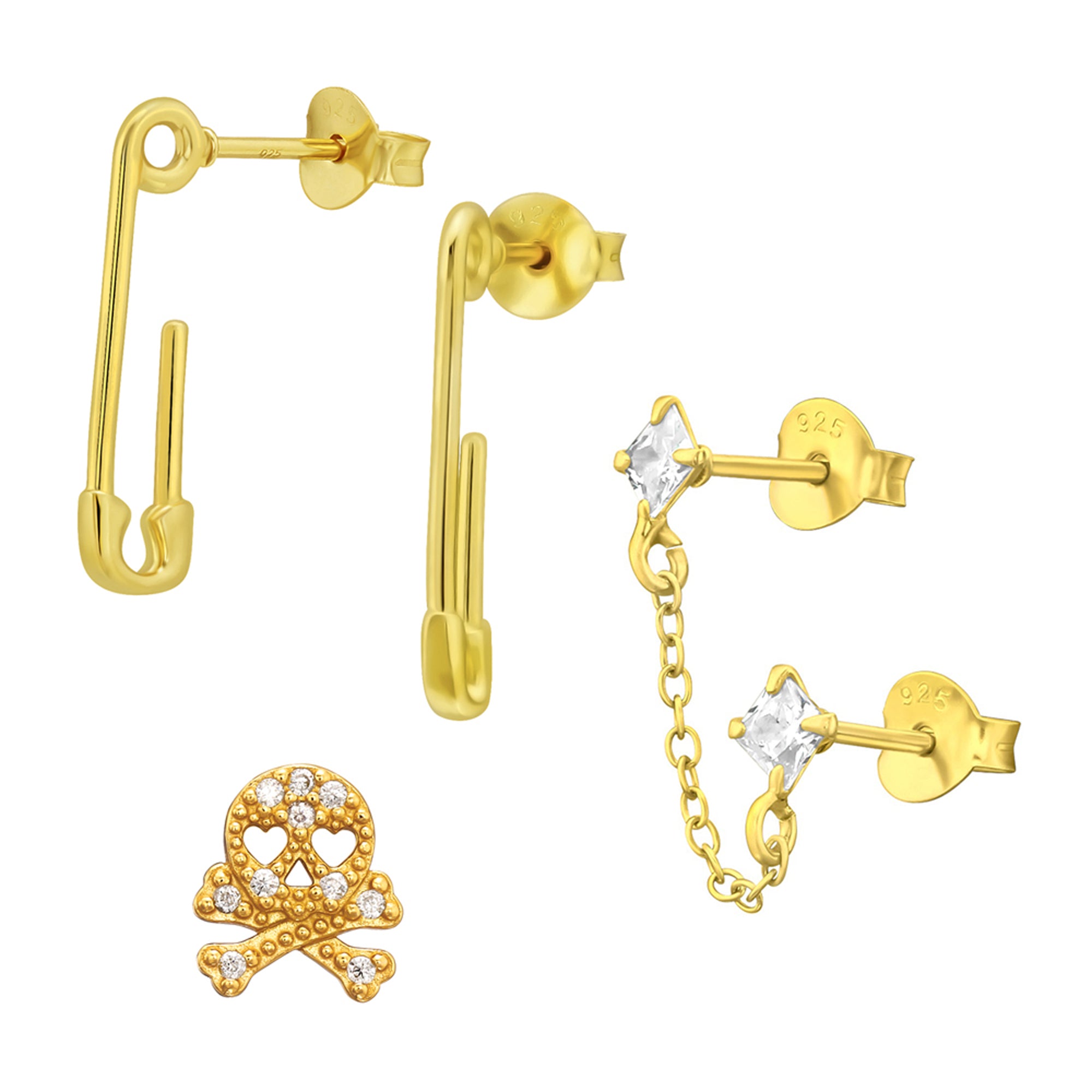 DEADBEAT Rock-Solid 925 Silver 24 ct Gold Plated Safety Pin Ear Stud, Single CZ Skull & Crossbones Ear Stud & Single CZ Double Ear Stud Gift Pack