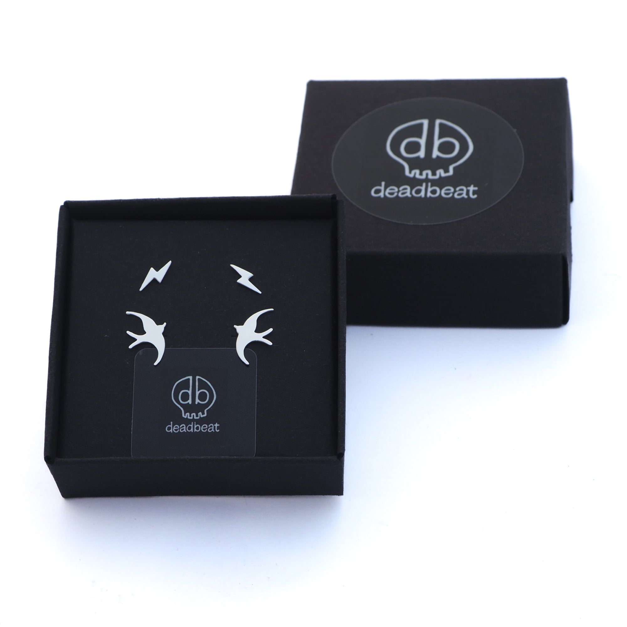 db DEADBEAT 925 Silver Lightning Bolt Ear Stud & Swallow Ear Stud Gift Pack