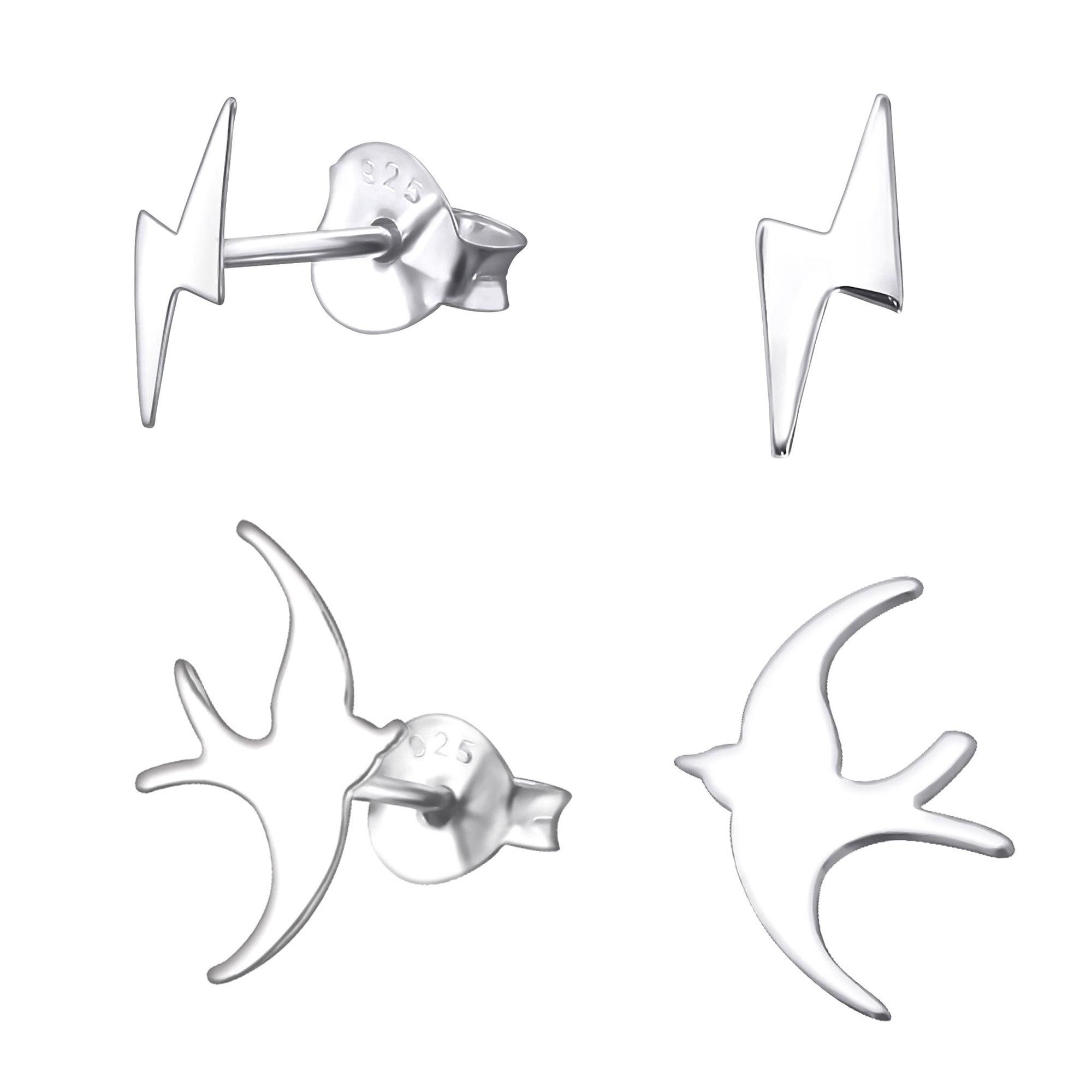 db DEADBEAT 925 Silver Lightning Bolt Ear Stud & Swallow Ear Stud Gift Pack