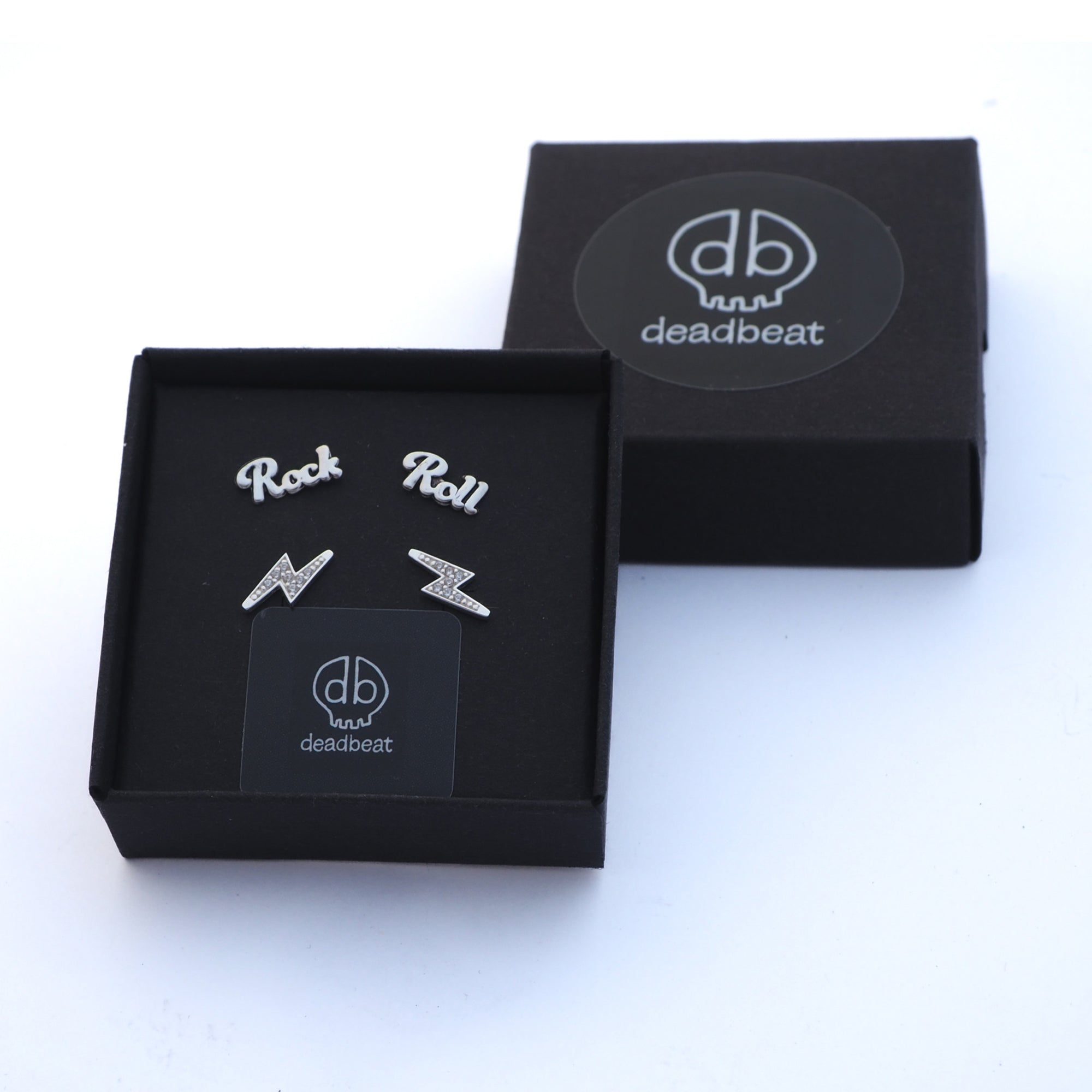 db DEADBEAT 925 Silver CZ Lightning Bolt Ear Stud & Oxidised Rock 'n Roll Ear Stud Gift Pack