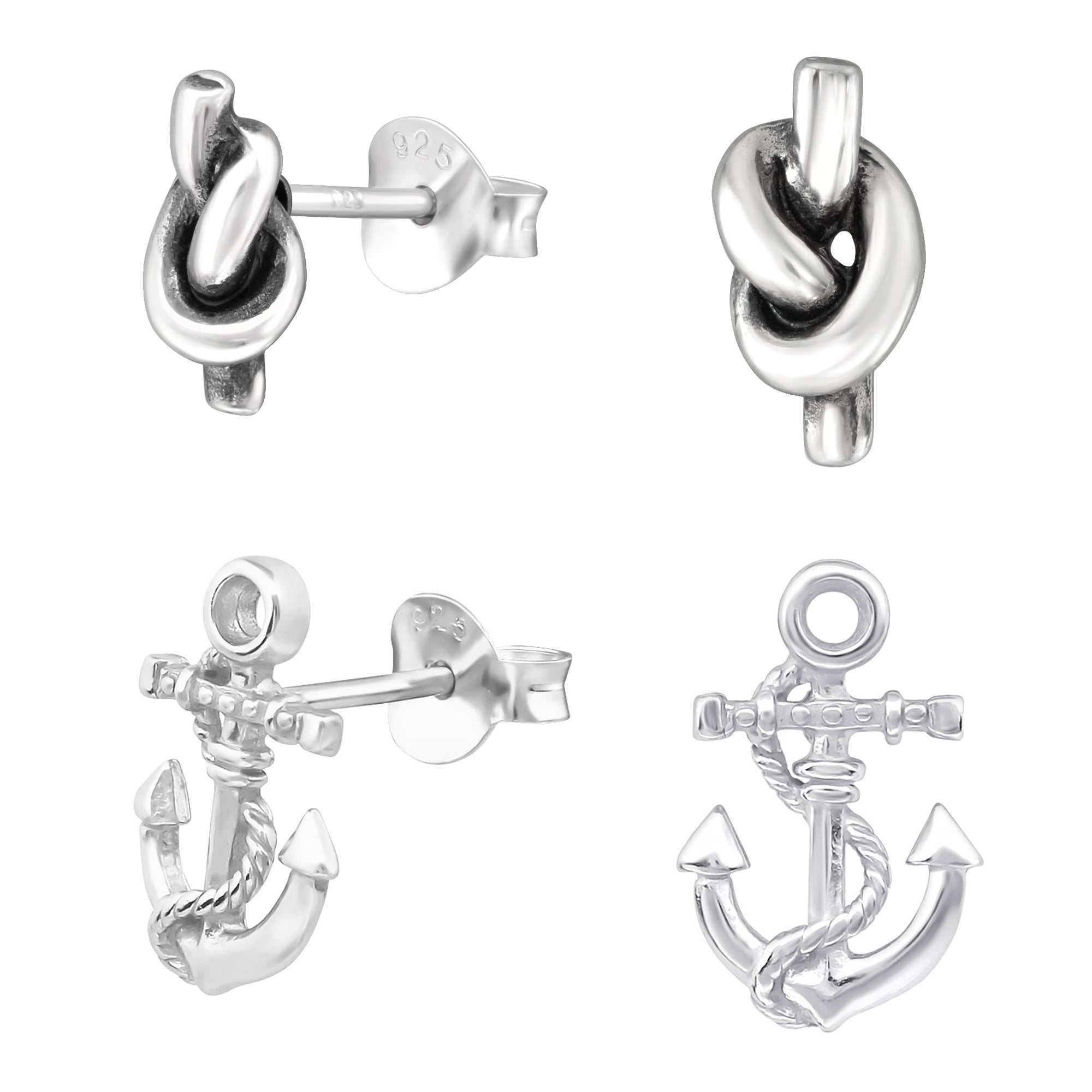db DEADBEAT 925 Silver Oxidised Knot Ear Stud & Anchor Ear Stud Gift Pack