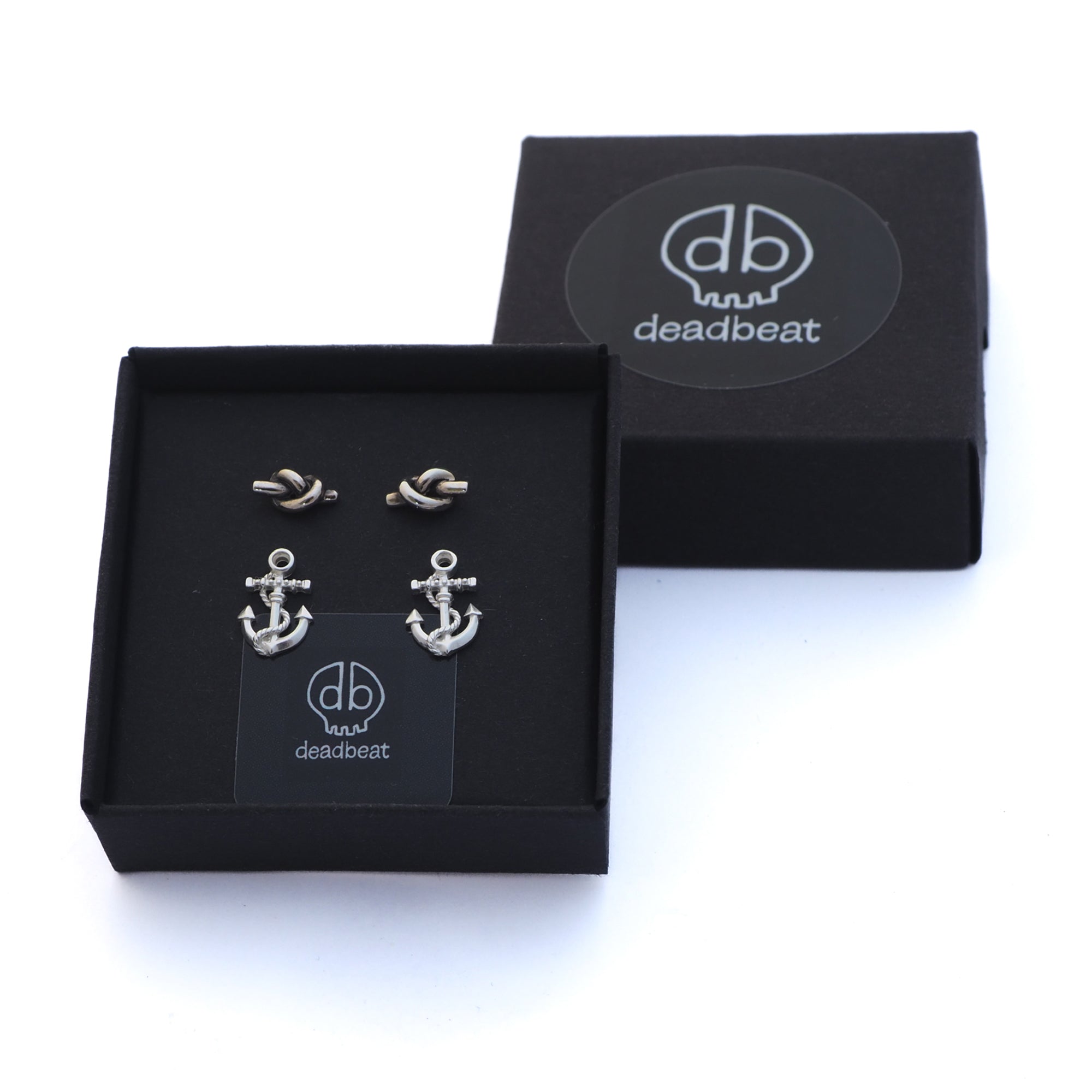 db DEADBEAT 925 Silver Oxidised Knot Ear Stud & Anchor Ear Stud Gift Pack
