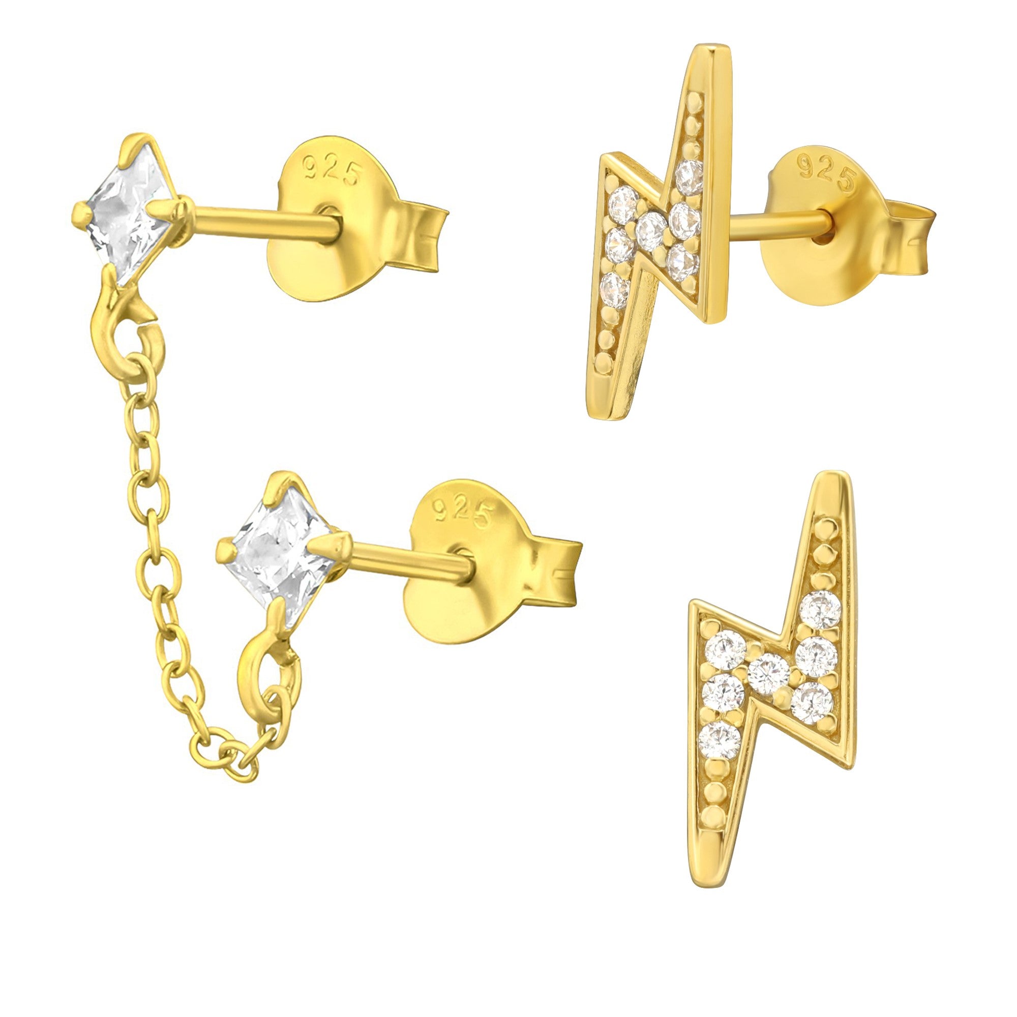 24K Gold Plated Double CZ Single Silver Ear Stud & 24K Plated Lightning Bolt CZ Silver Ear Stud Gift Set by db deadbeat