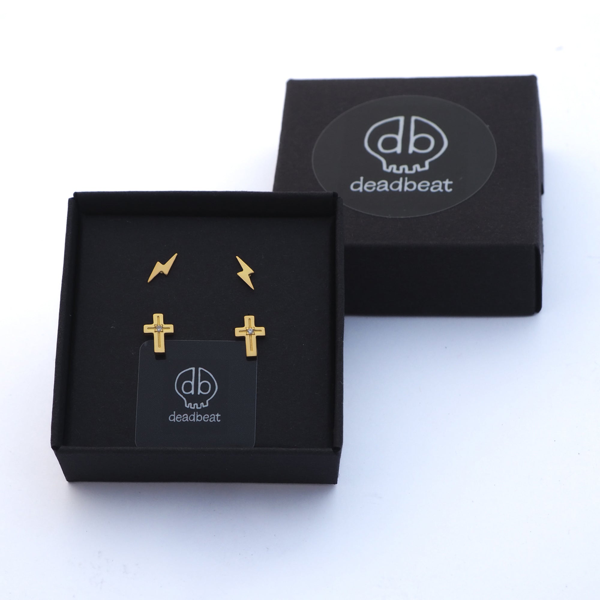 DEADBEAT Rock-Solid 925 Silver 24ct Gold Plated Lightning Bolt Ear Stud & CZ Cross Ear Stud Gift Pack