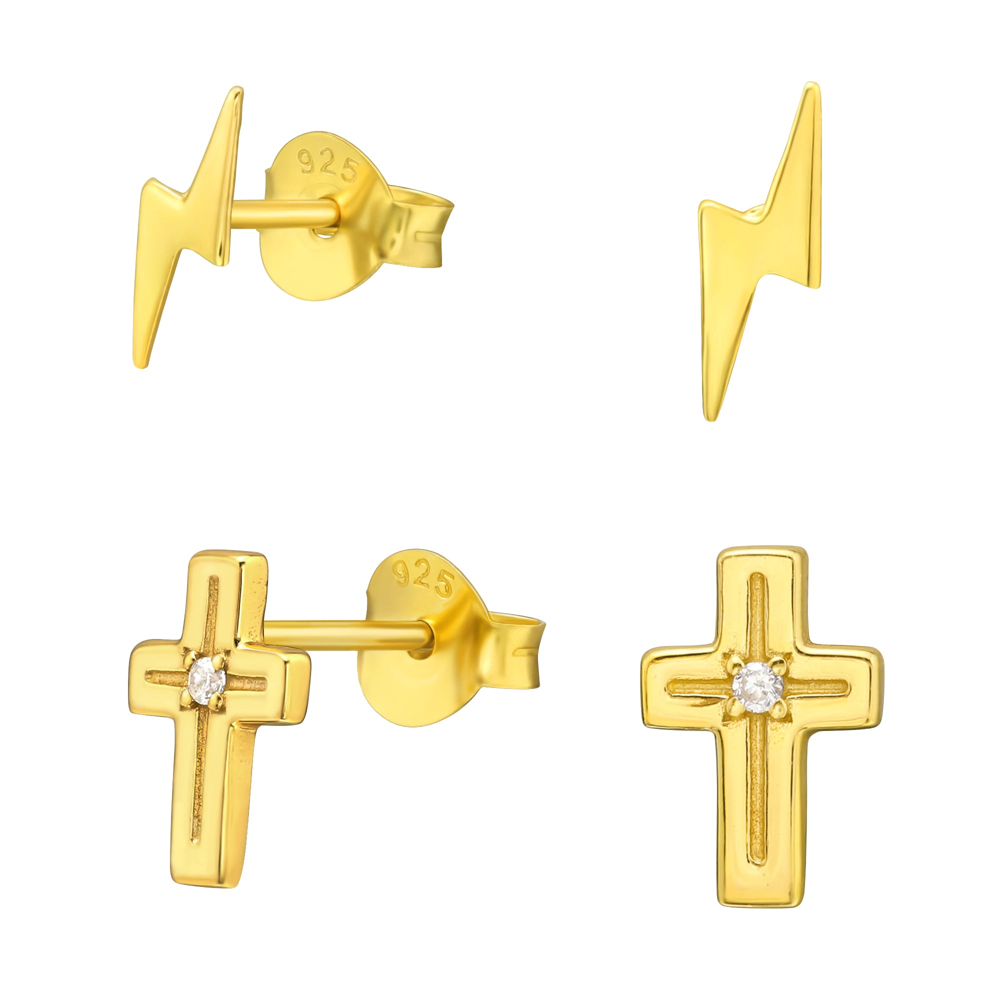 DEADBEAT Rock-Solid 925 Silver 24ct Gold Plated Lightning Bolt Ear Stud & CZ Cross Ear Stud Gift Pack