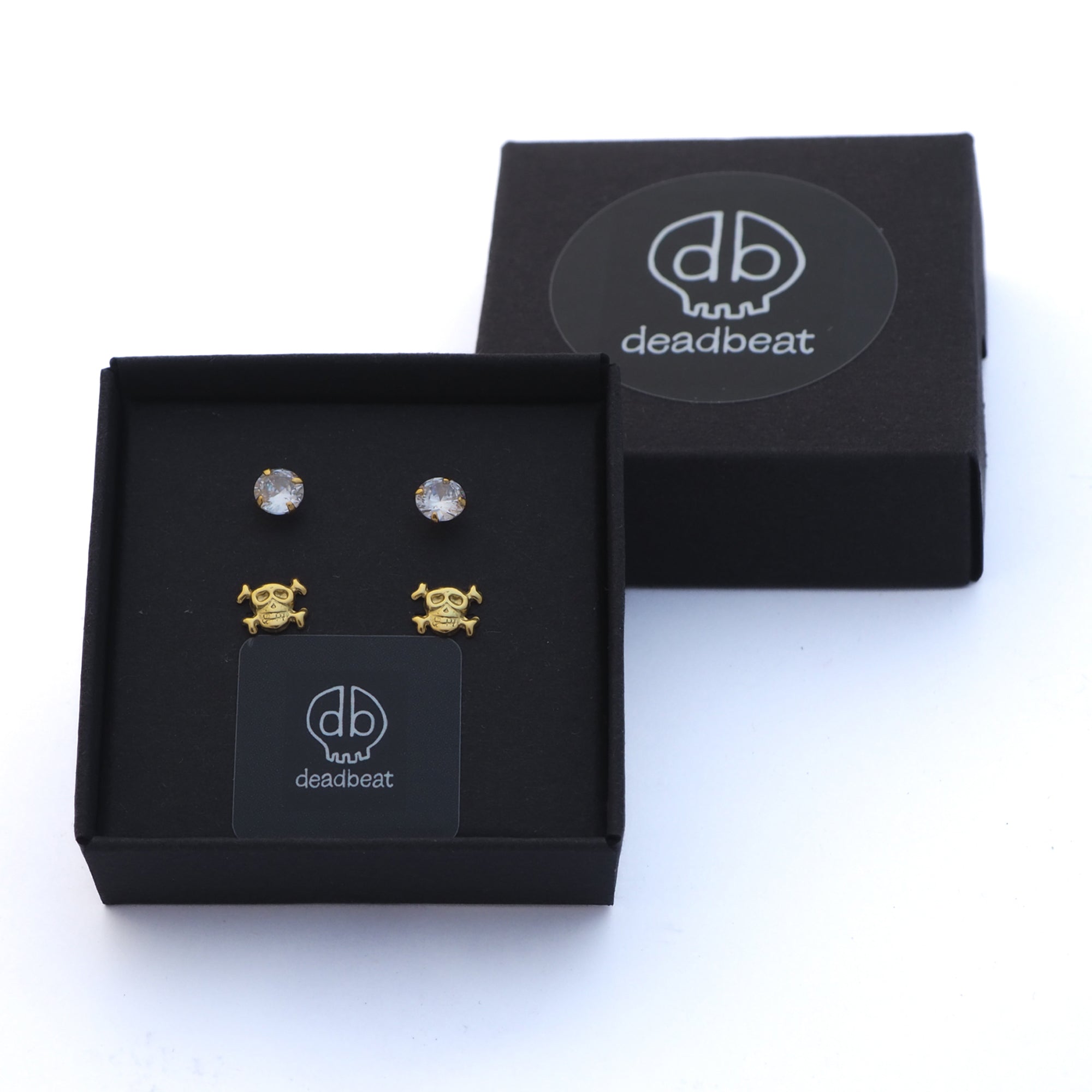 DEADBEAT Rock-Solid 925 Silver 24ct Gold Plated CZ Ear Stud & Skull & Crossbones Ear Stud Gift Pack