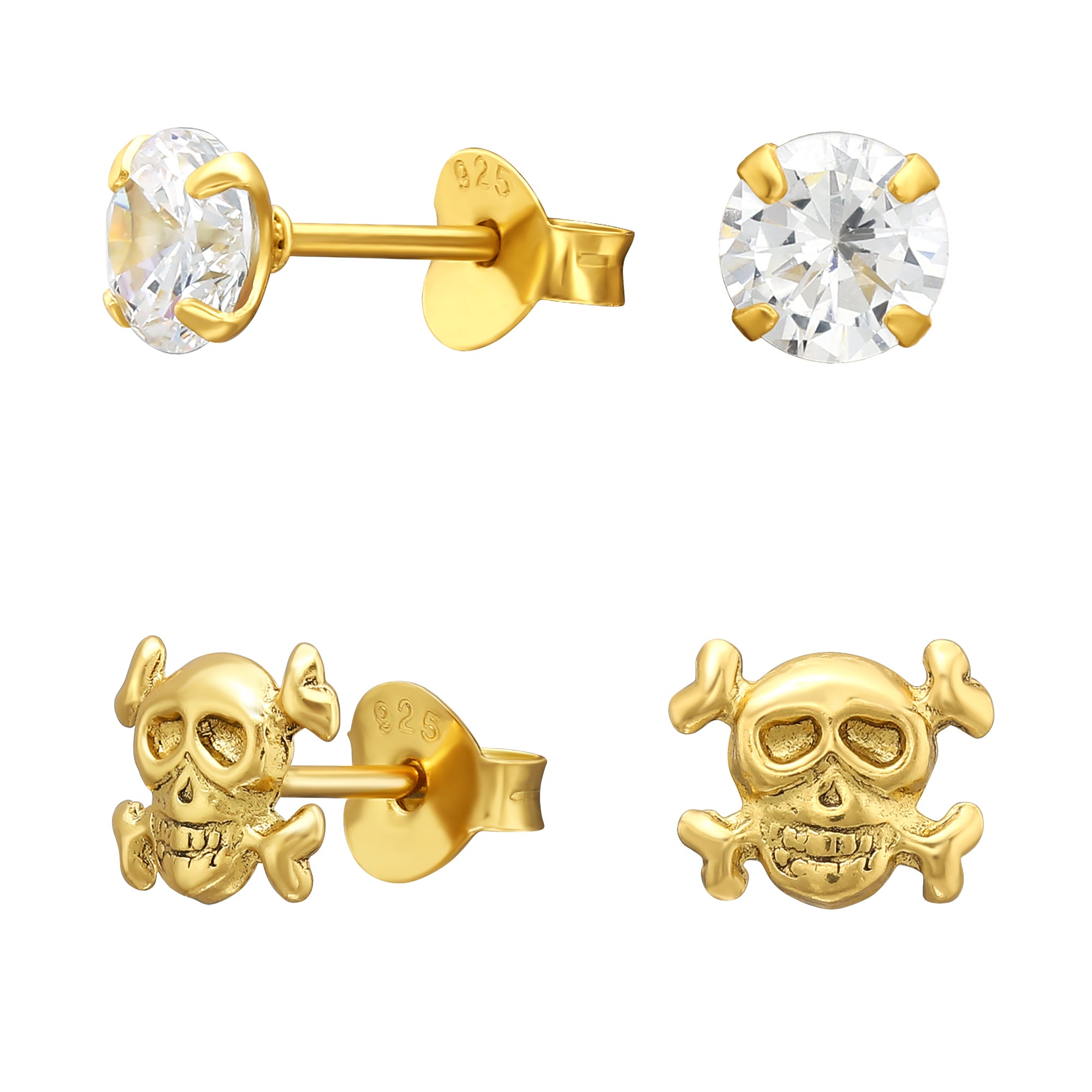 DEADBEAT Rock-Solid 925 Silver 24ct Gold Plated CZ Ear Stud & Skull & Crossbones Ear Stud Gift Pack