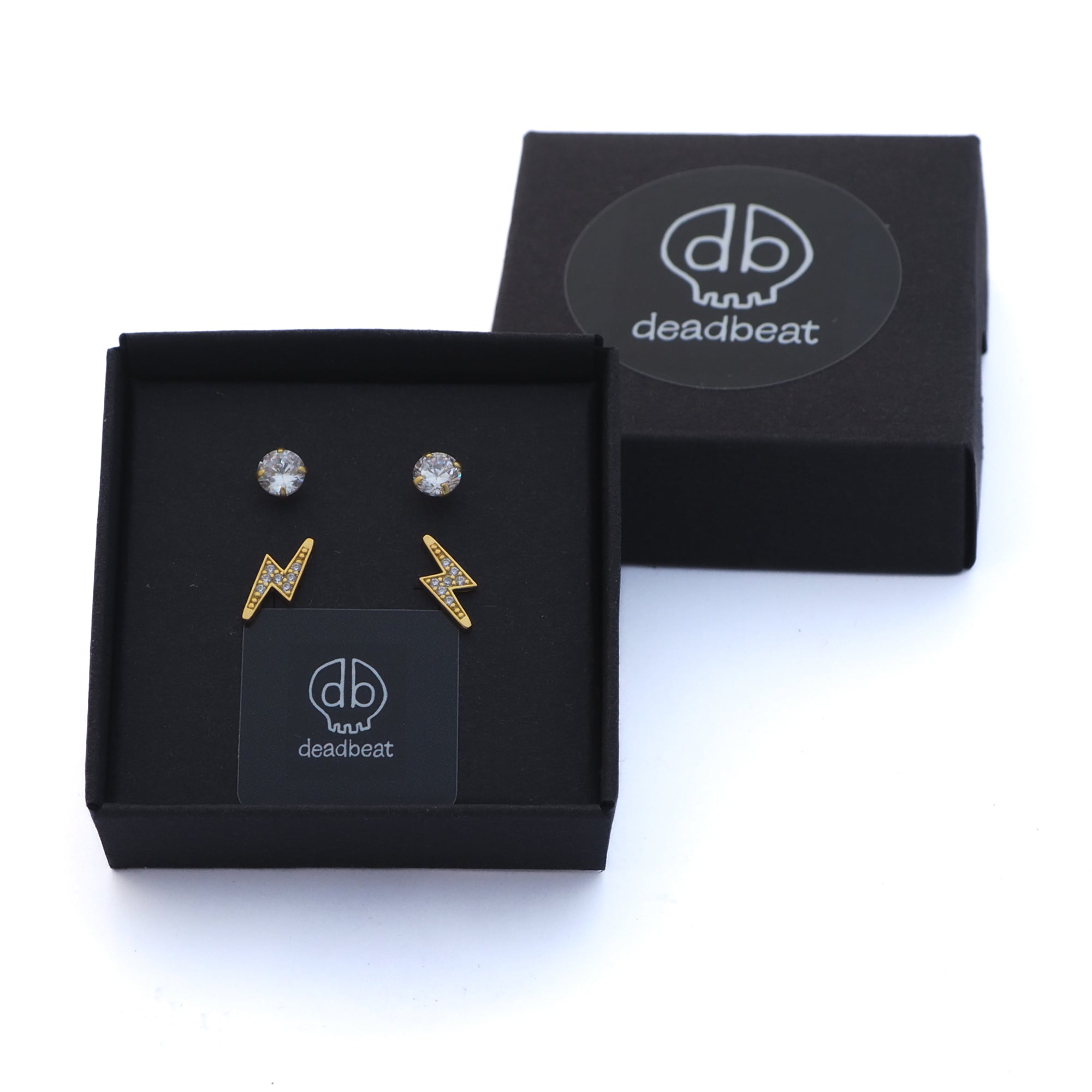 DEADBEAT Rock-Solid 925 Silver 24ct Gold Plated CZ Ear Stud & CZ Lightning Bolt Ear Stud Gift Pack