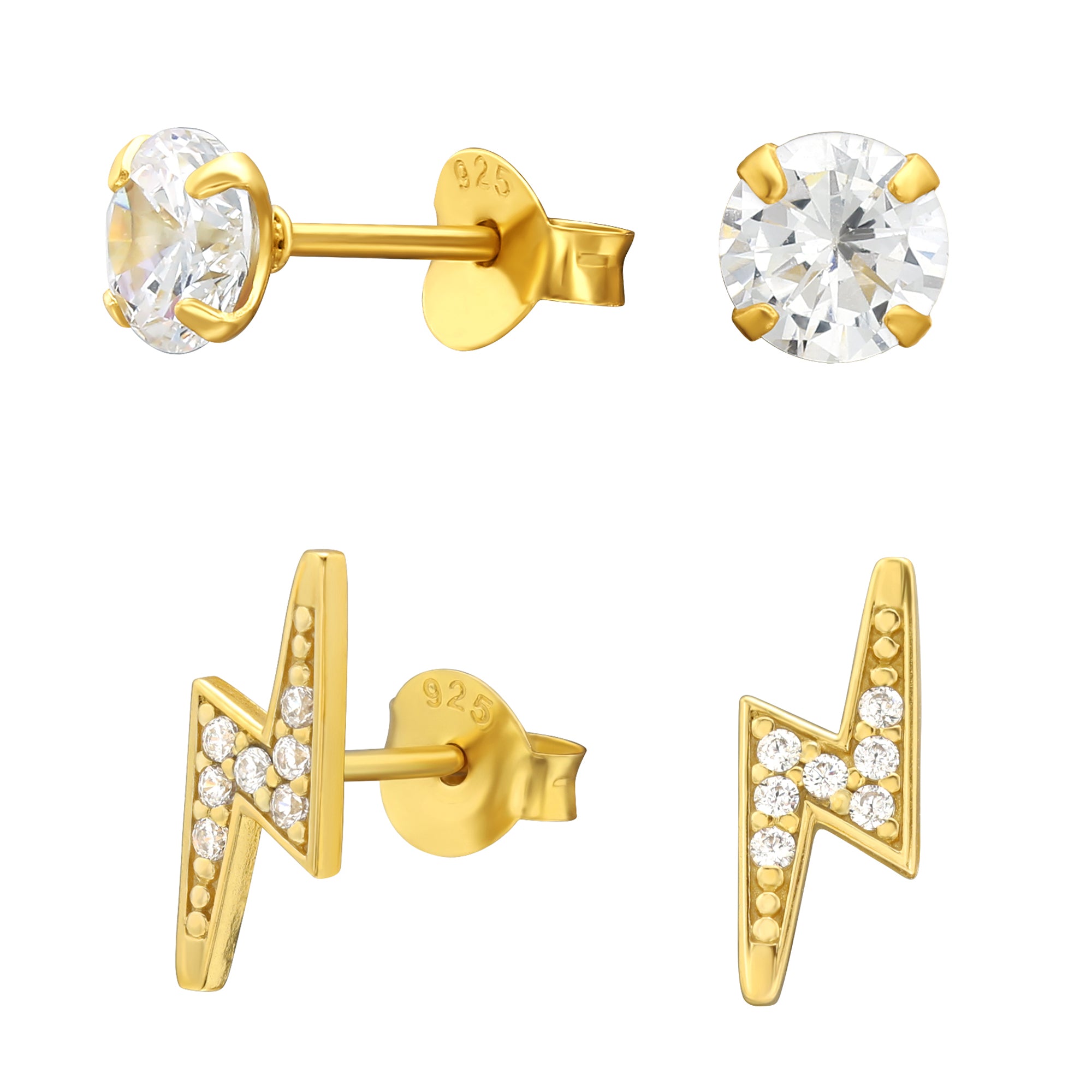 DEADBEAT Rock-Solid 925 Silver 24ct Gold Plated CZ Ear Stud & CZ Lightning Bolt Ear Stud Gift Pack