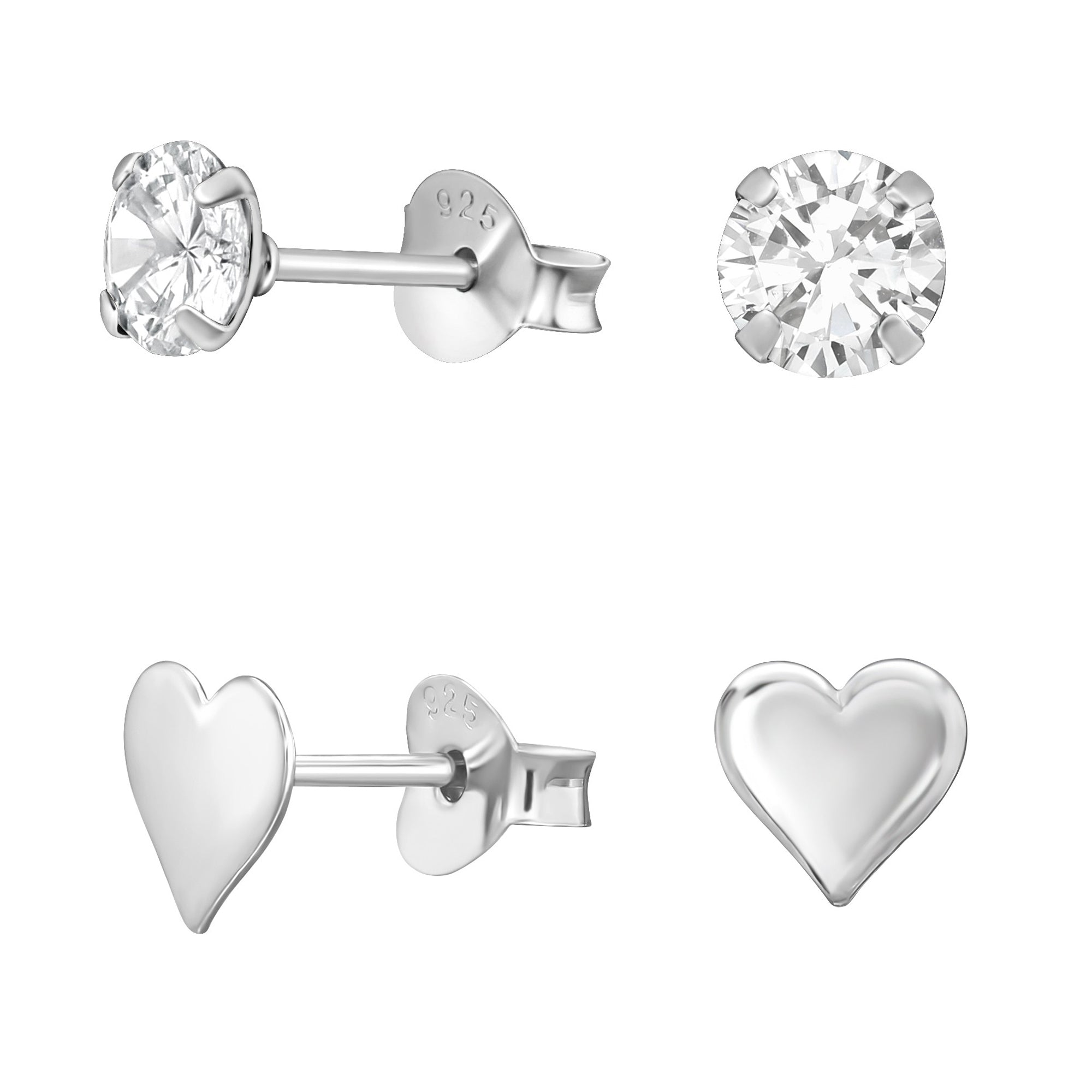 DEADBEAT Rock-Solid 925 Silver Platinum Plated CZ Ear Stud & Platinum Plated Heart Ear Stud Gift Pack