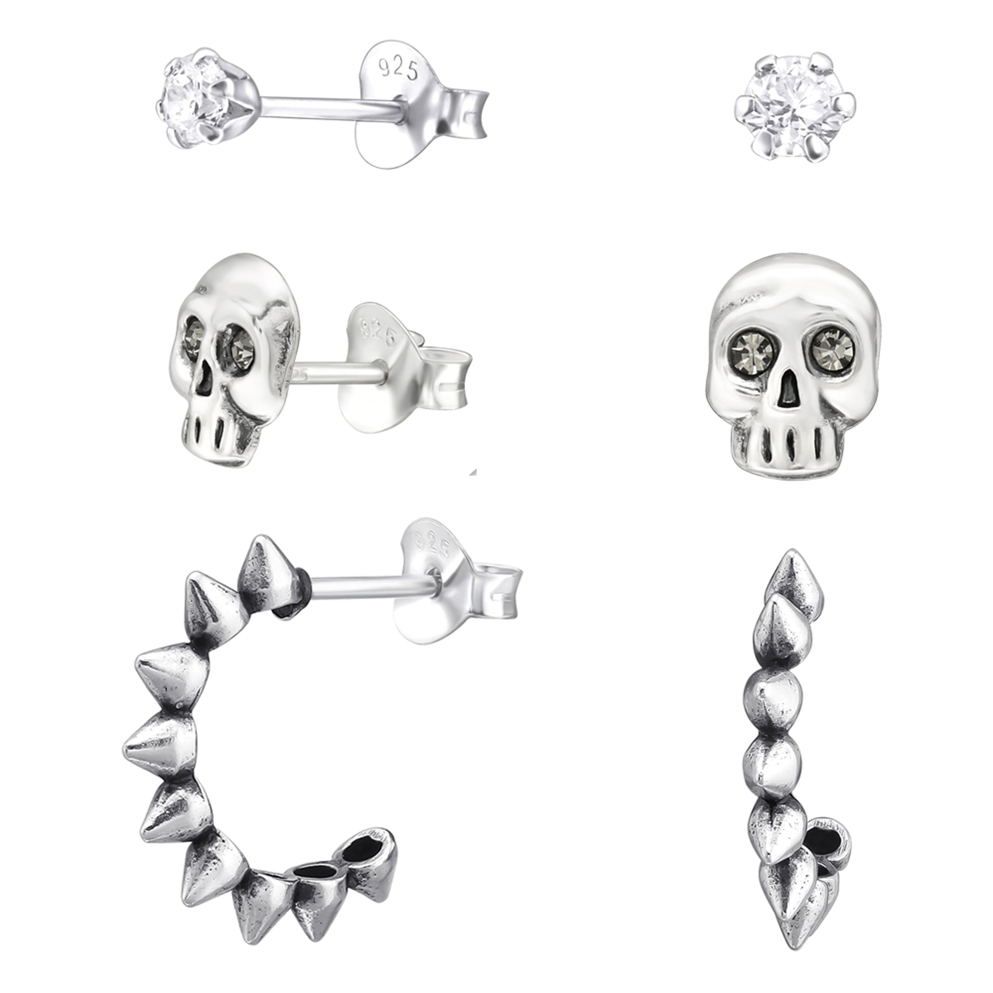 DEADBEAT Rock-Solid 925 Silver Clear CZ Ear Stud, Oxidised Black Diamond Crystal Skull Ear Stud & Oxidised Spiked Hoop Ear Stud Gift Pack