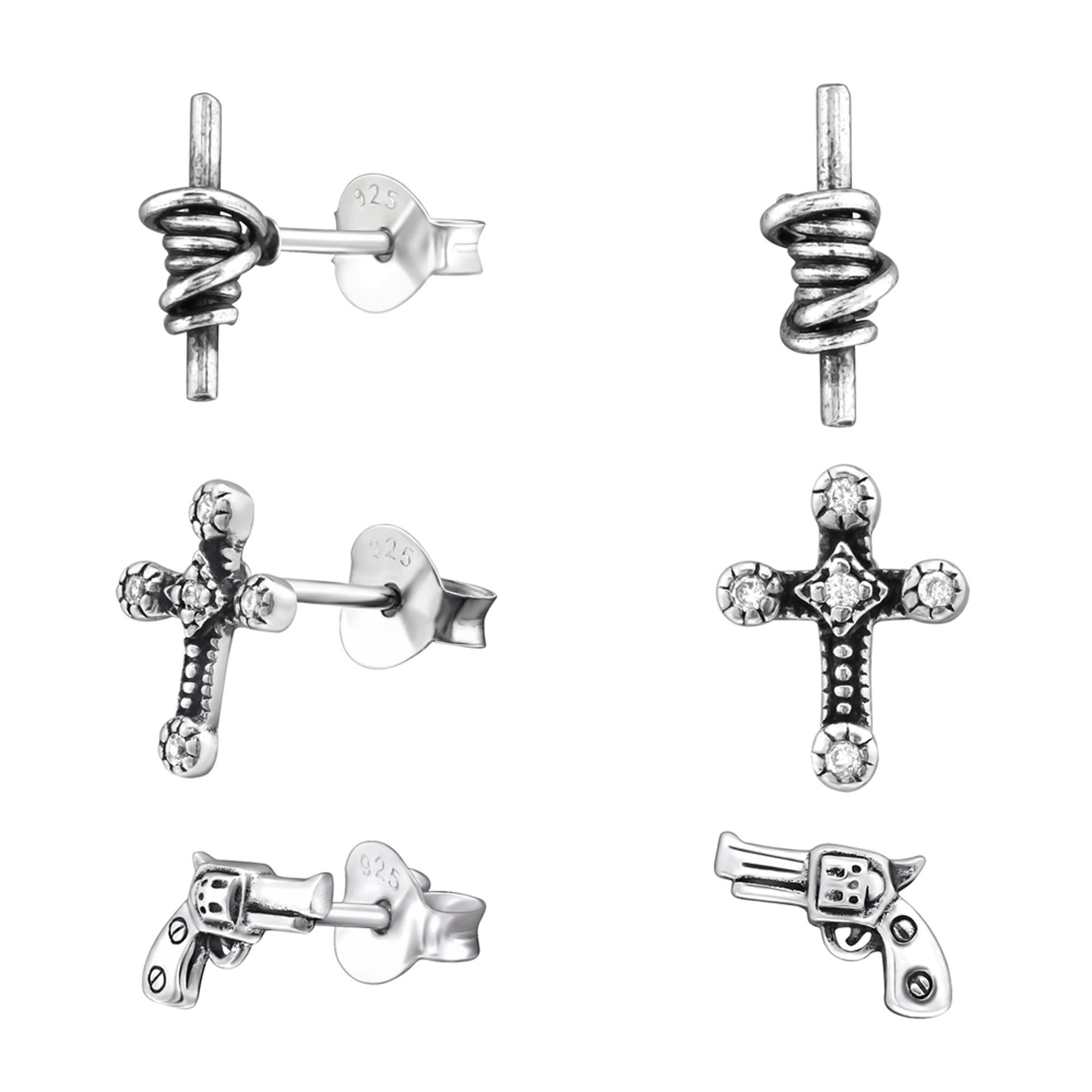 DEADBEAT Rock-Solid 925 Silver Oxidised Barbed Wire Ear Stud, Oxidised Clear Crystal Gothic Cross Ear Stud & Revolver Gun Ear Stud Gift Pack
