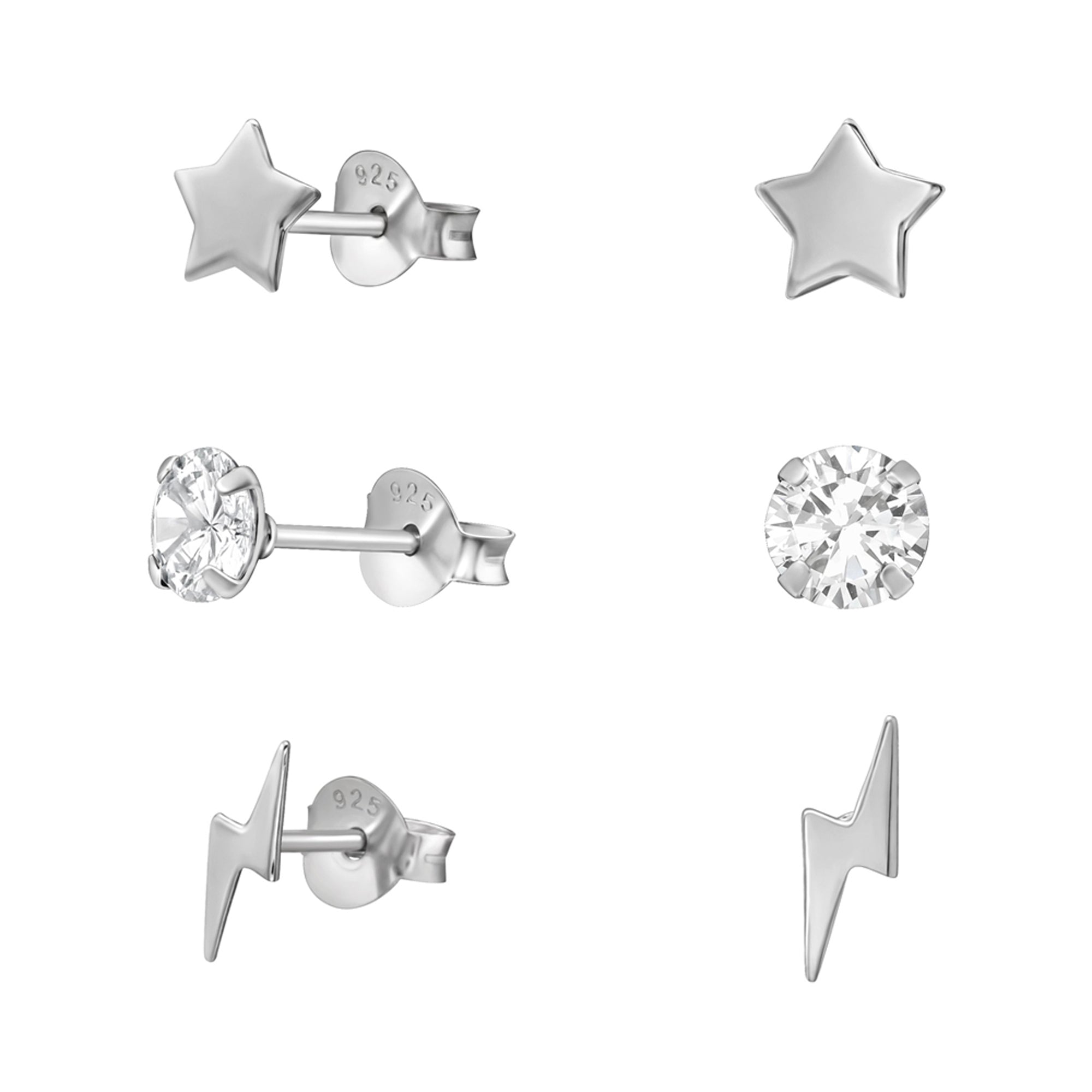 DEADBEAT Rock-Solid 925 Silver Platinum Plated Star Ear Stud, Platinum Plated CZ Stone Ear Stud & Platinum Plated Lightning Bolt Ear Stud Gift Pack