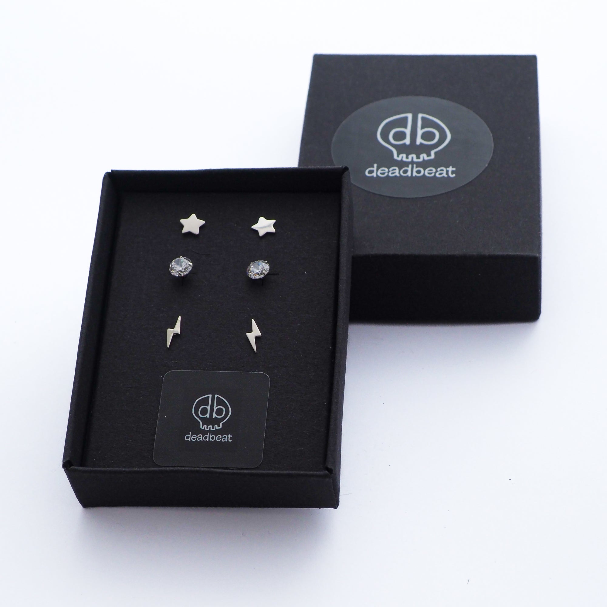 DEADBEAT Rock-Solid 925 Silver Platinum Plated Star Ear Stud, Platinum Plated CZ Stone Ear Stud & Platinum Plated Lightning Bolt Ear Stud Gift Pack