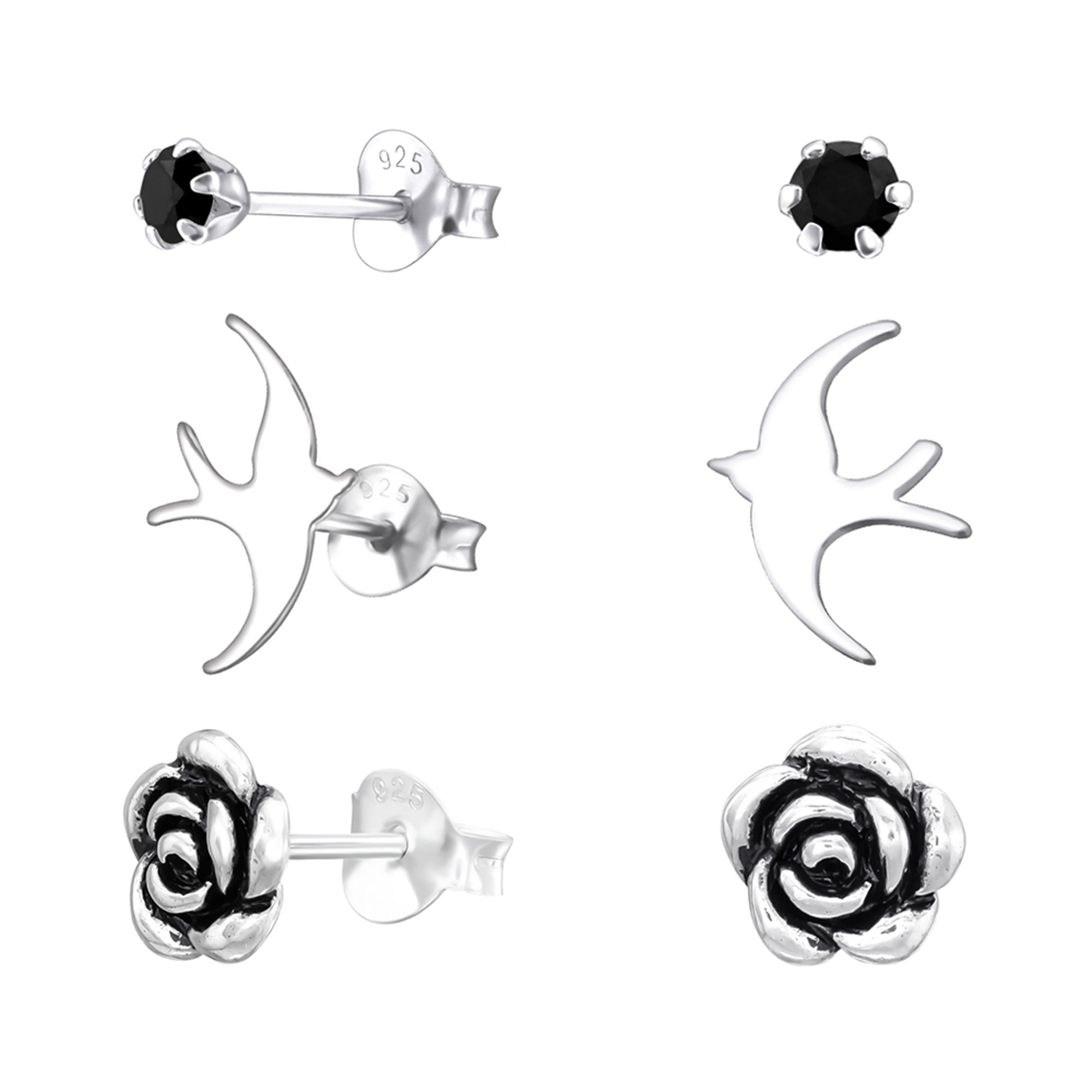 DEADBEAT Rock-Solid 925 Silver Black CZ Crystal Ear Stud, Swallow Ear Stud & Oxidised Rose Ear Stud Gift Pack