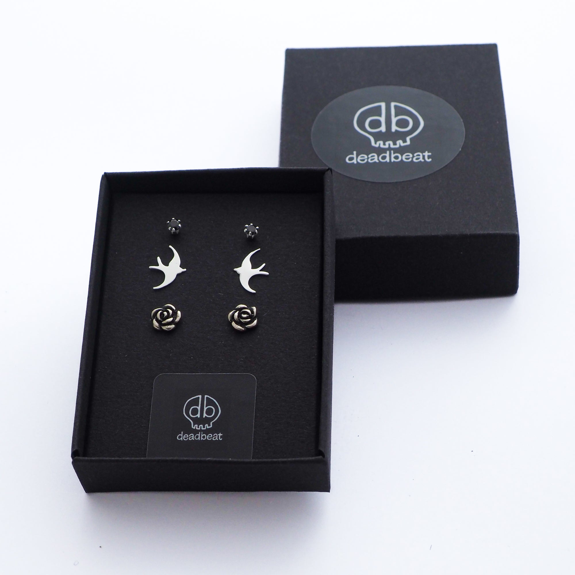 DEADBEAT Rock-Solid 925 Silver Black CZ Crystal Ear Stud, Swallow Ear Stud & Oxidised Rose Ear Stud Gift Pack