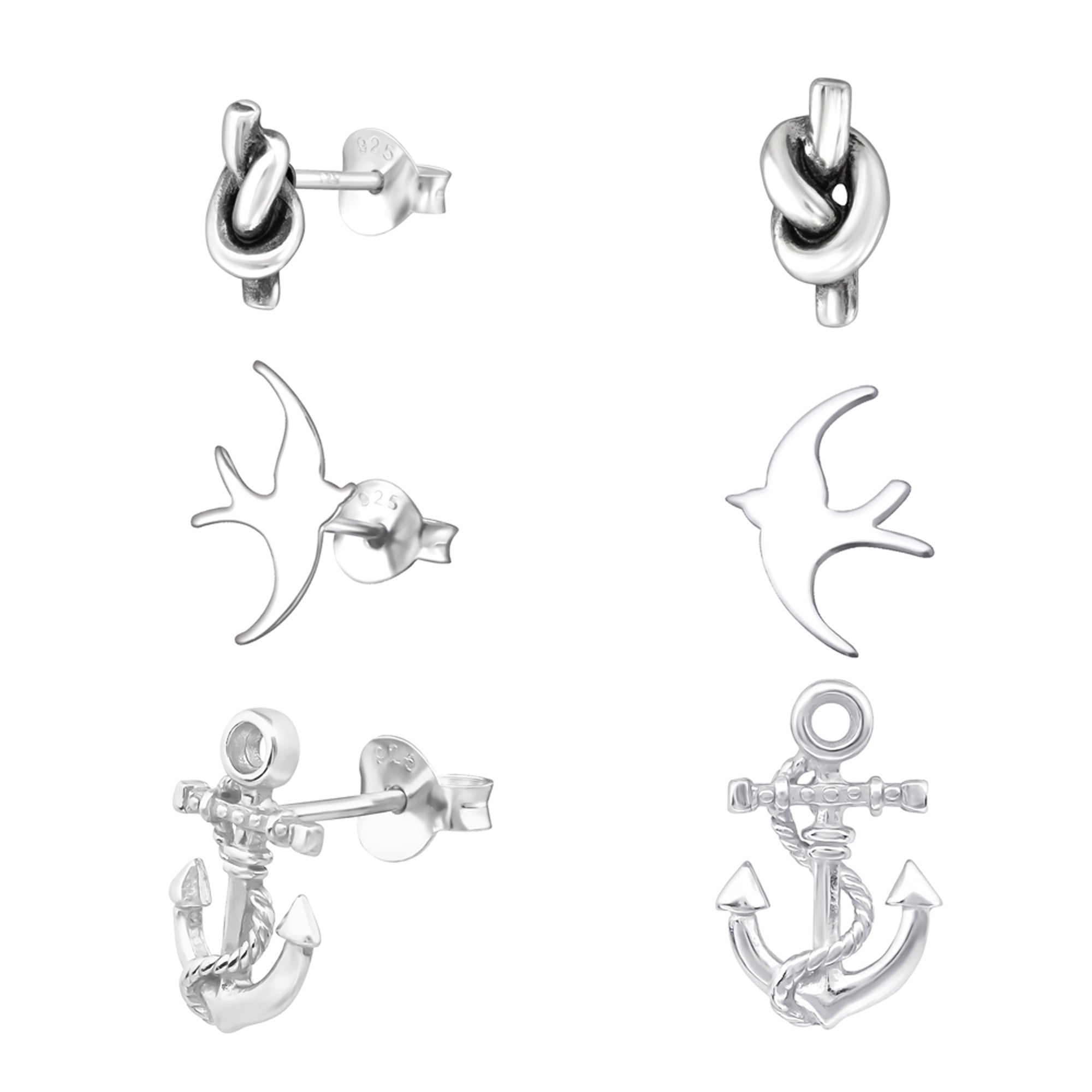 DEADBEAT Rock-Solid 925 Silver Oxidised Knot Ear Stud, Swallow Ear Stud & Anchor Ear Stud Gift Pack