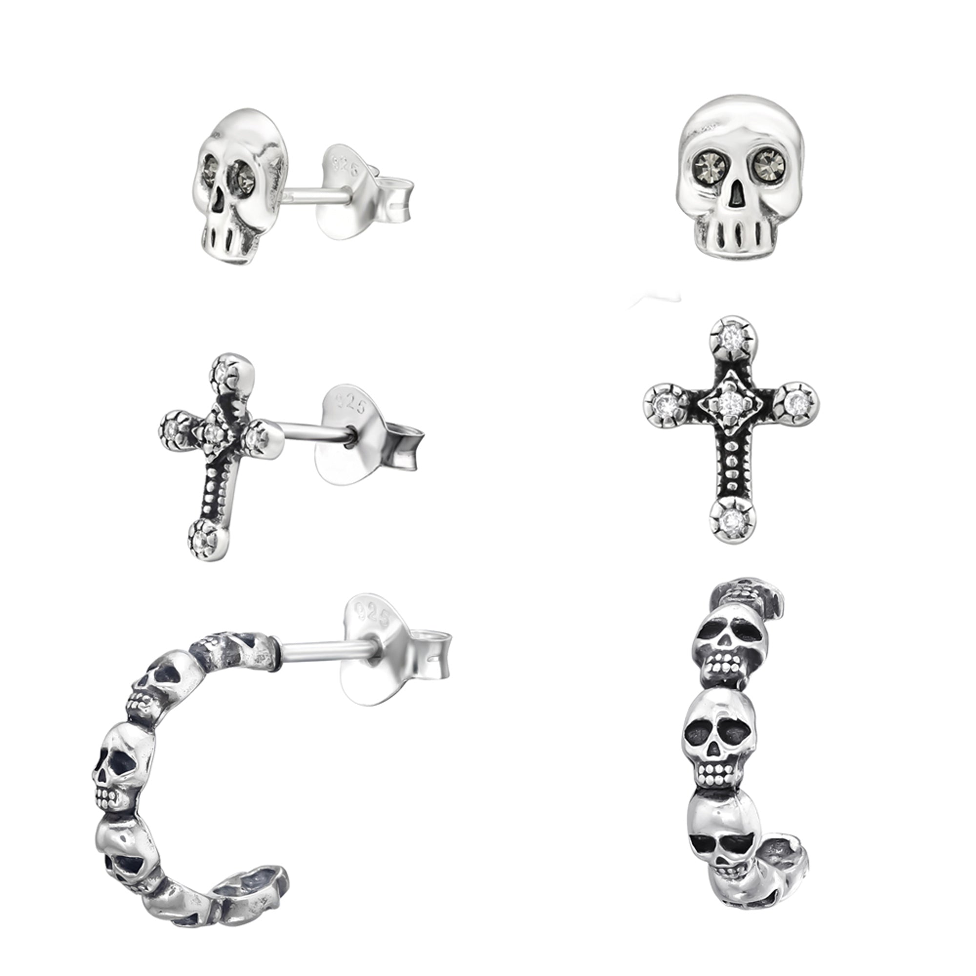 DEADBEAT Rock-Solid 925 Silver Oxidised Crystal Eyed Skull Ear Stud, Oxidised CZ Gothic Cross Ear Stud & Oxidised Skull Hoop Ear Stud Gift Pack