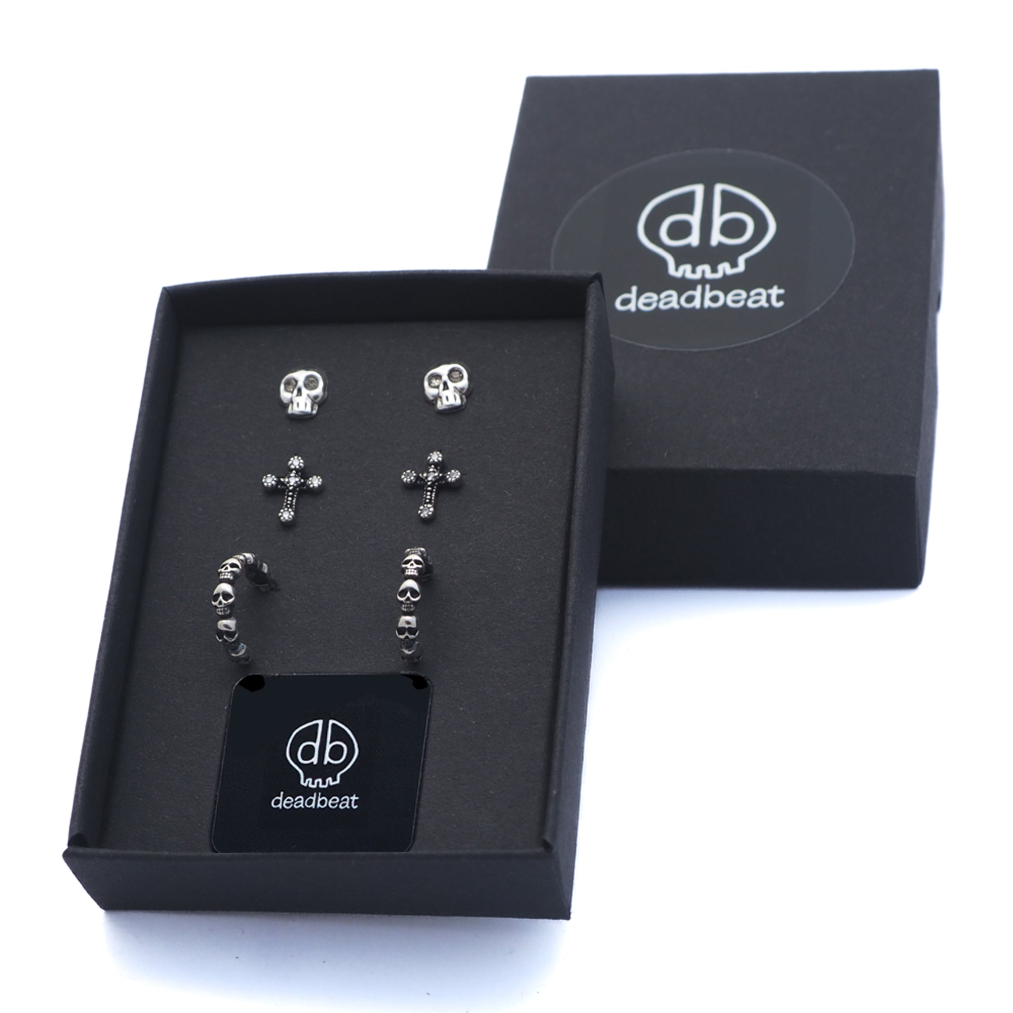 DEADBEAT Rock-Solid 925 Silver Oxidised Crystal Eyed Skull Ear Stud, Oxidised CZ Gothic Cross Ear Stud & Oxidised Skull Hoop Ear Stud Gift Pack